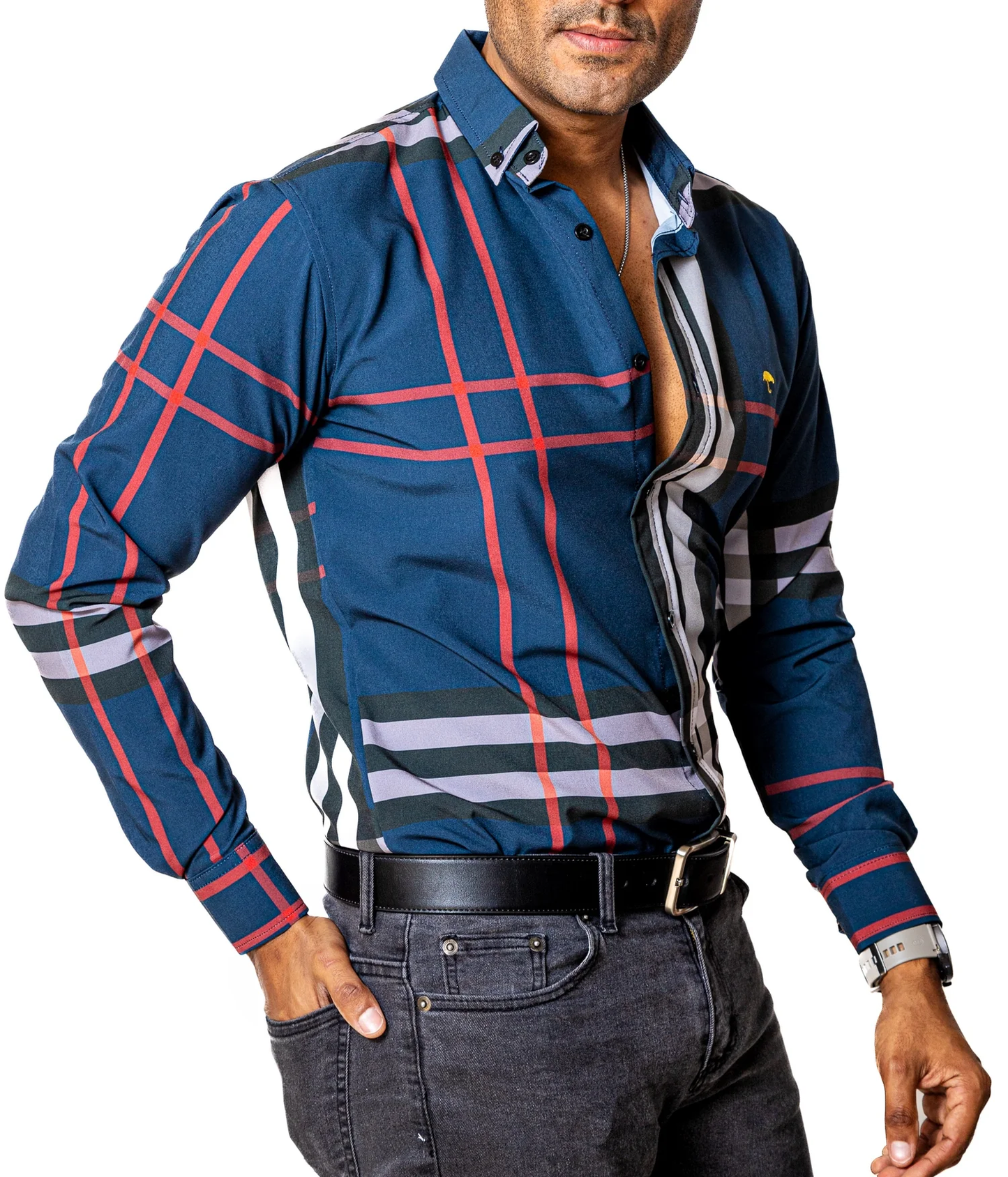CAMISA CASUAL HOMBRE SLIM, AZUL LÍNEAS ROJA, NEGRA Y GRIS
