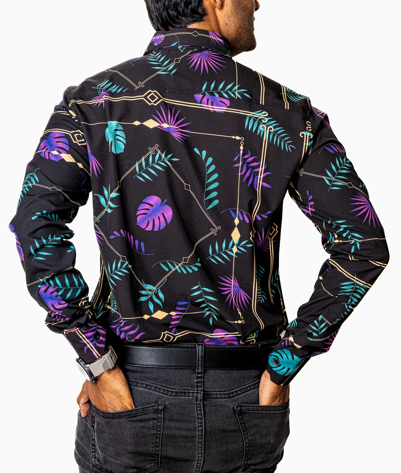 CAMISA CASUAL HOMBRE SLIM, NEGRA HOJAS MORADAS,VERDES