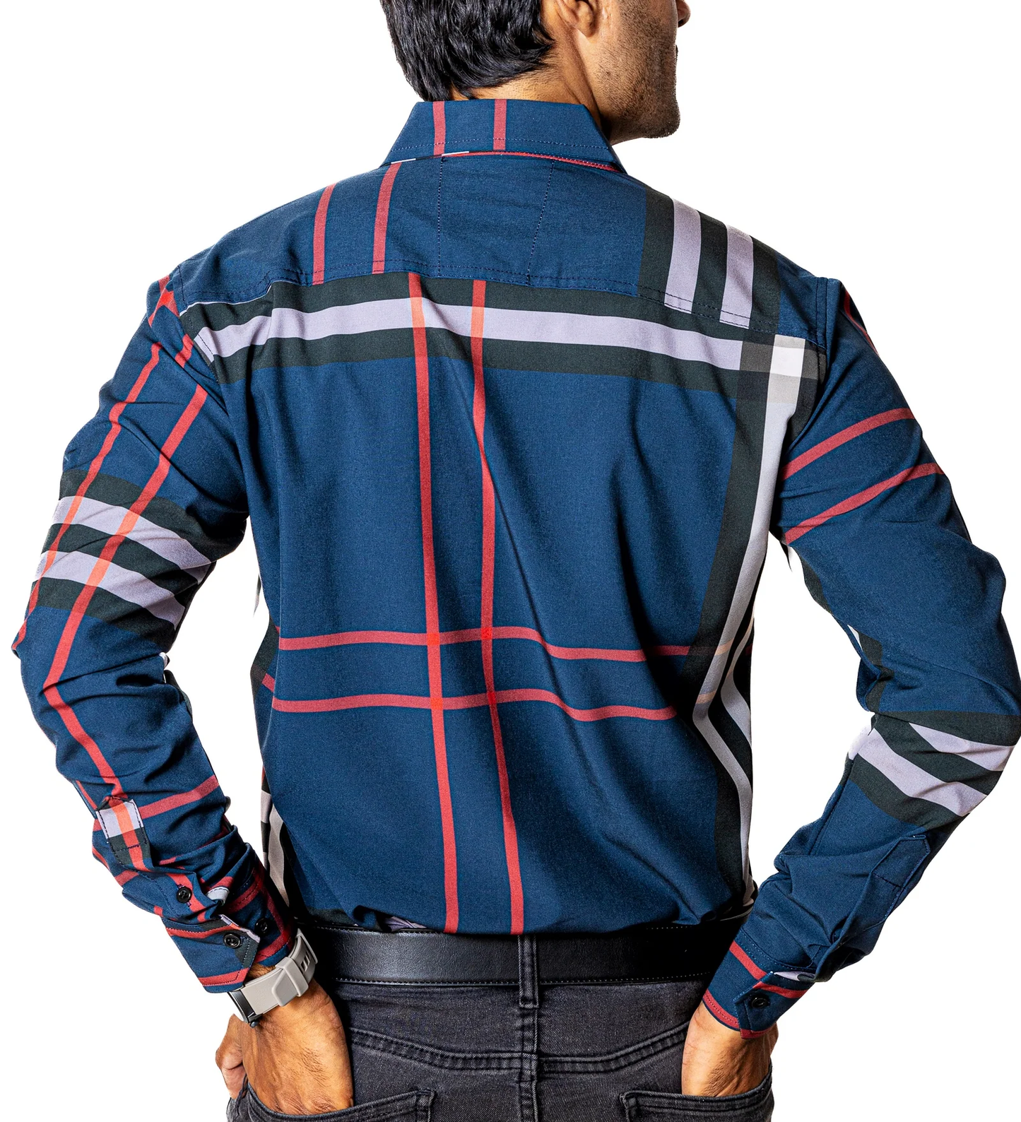 CAMISA CASUAL HOMBRE SLIM, AZUL LÍNEAS ROJA, NEGRA Y GRIS