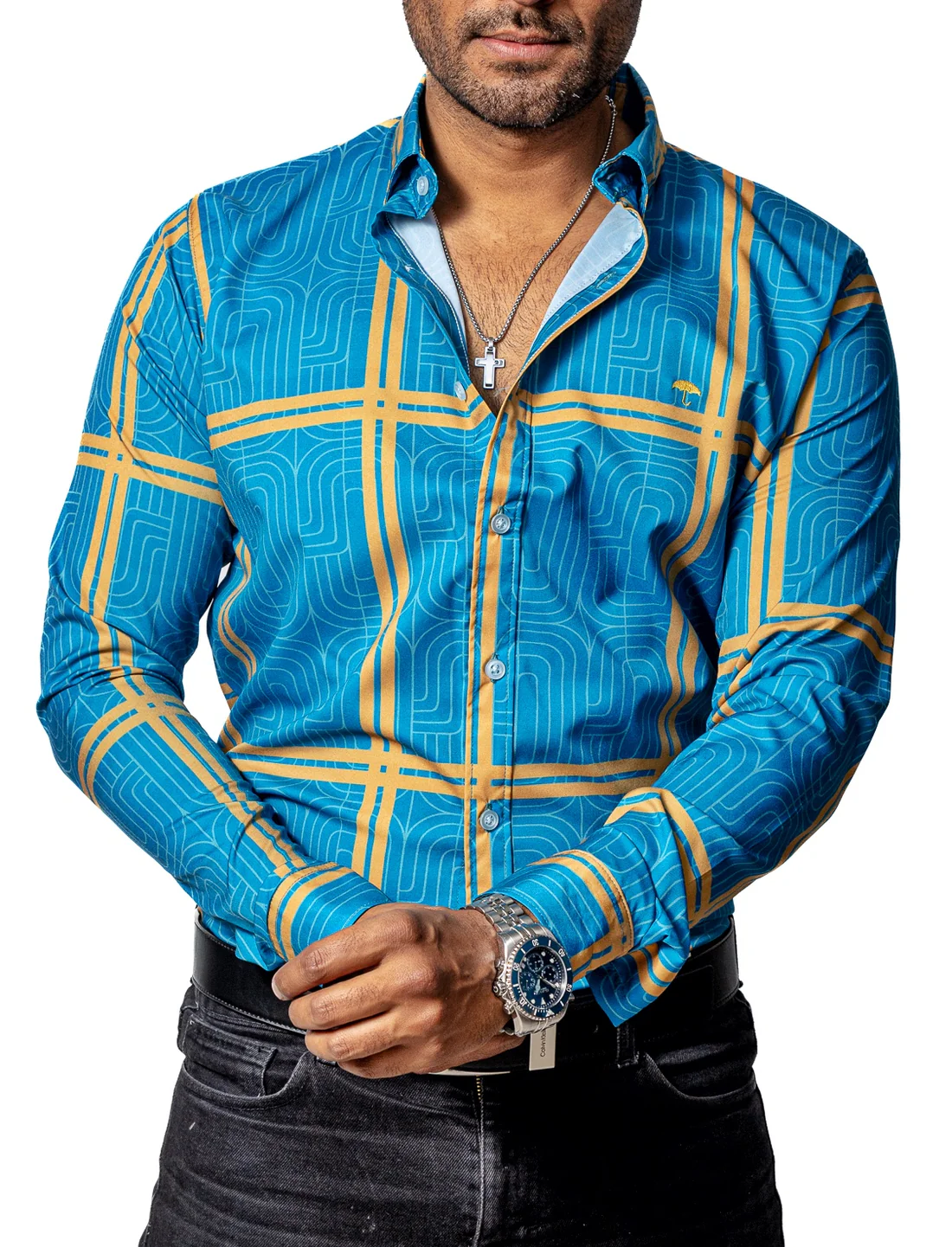 CAMISA CASUAL HOMBRE, AZUL LÍNEAS DORADAS Y BLANCAS