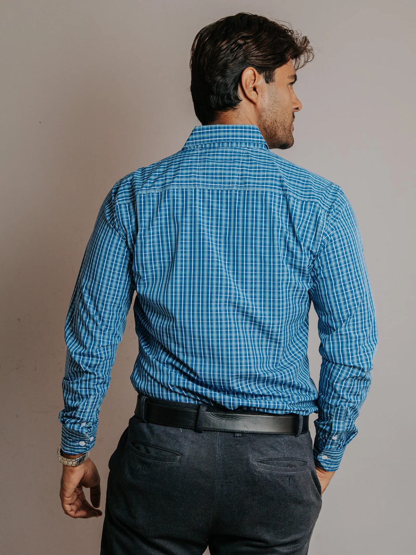 CAMISA HOMBRE SLIM FIT, MINICUADRO ROJO AZUL TURQUESA Y BLANCO