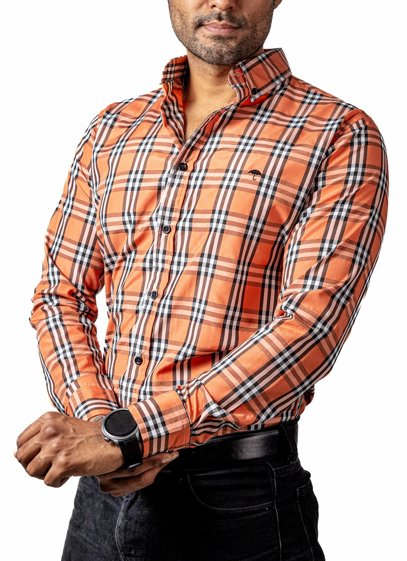 CAMISA HOMBRE CASUAL CUADROS NARANJAS, BLANCOS, NEGROS