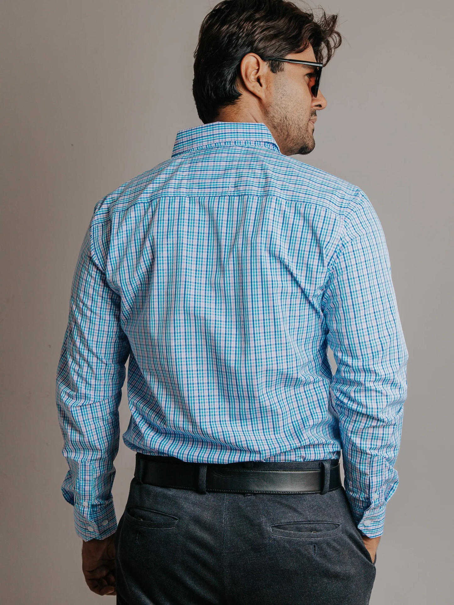 CAMISA HOMBRE SLIM FIT, MICROCUADRO ROSA TURQUESA Y AZUL