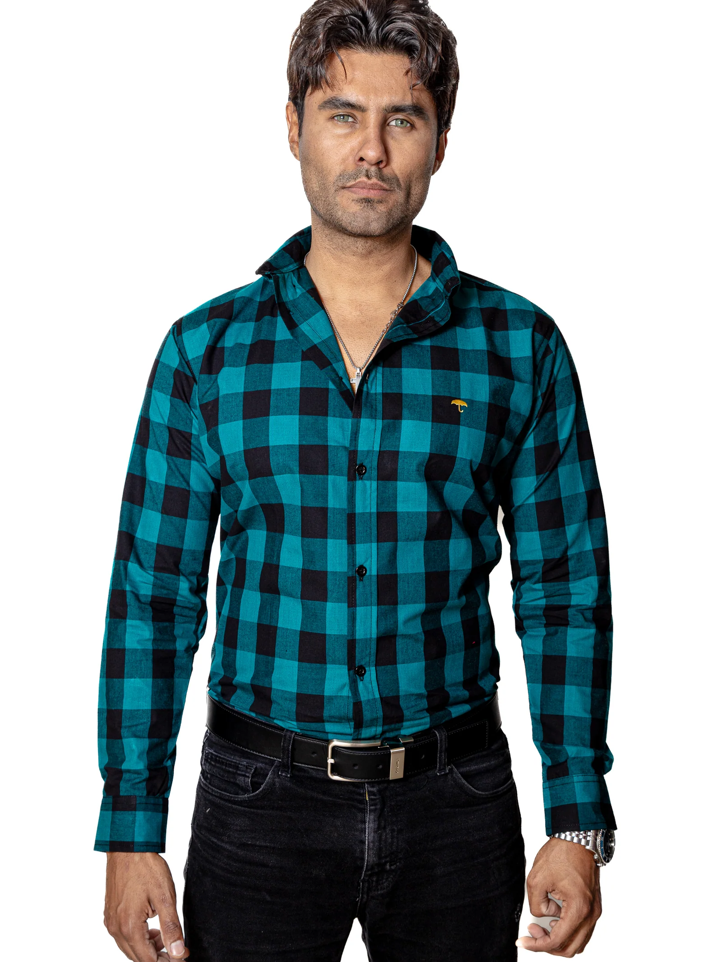 CAMISA CASUAL HOMBRE, CUADROS VERDE ESMERALDA Y NEGRO