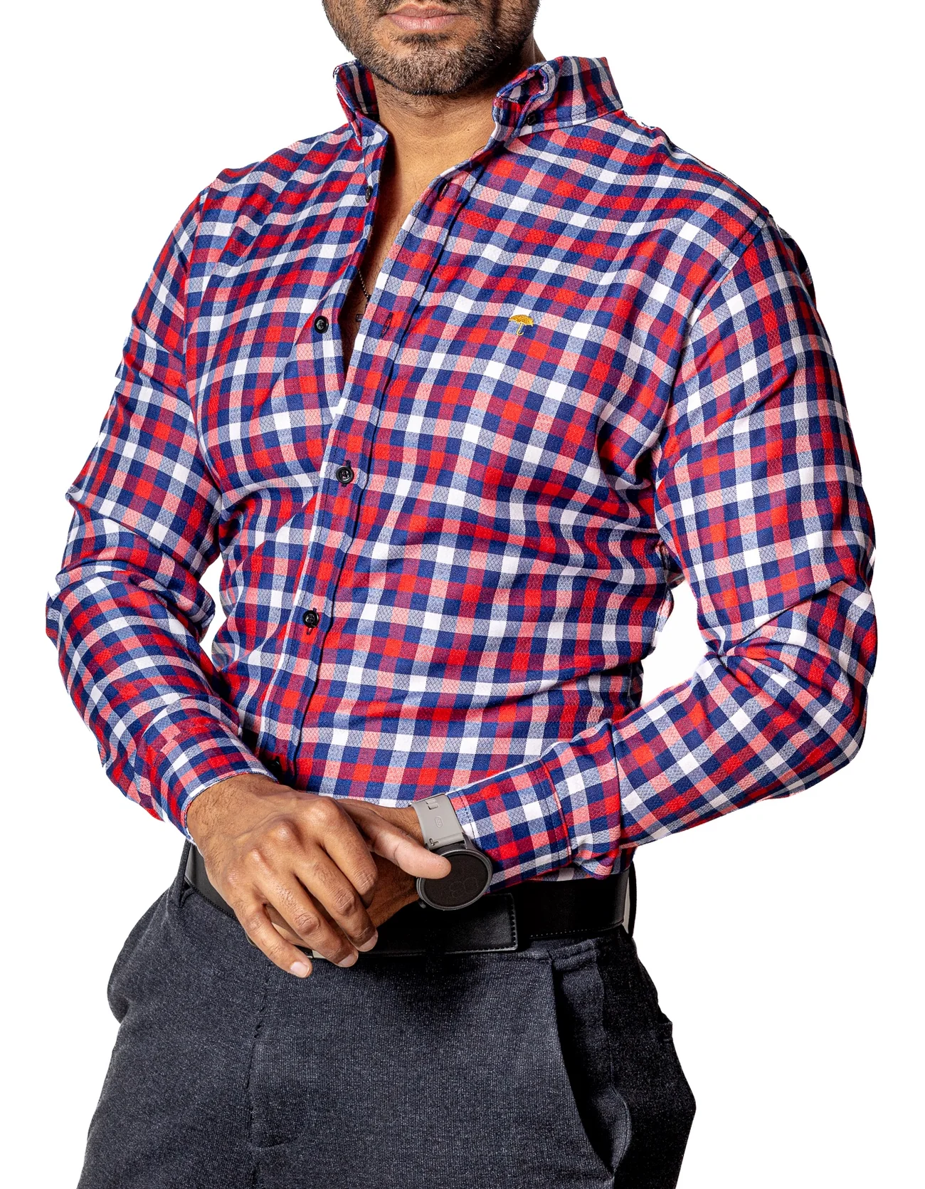 CAMISA CASUAL HOMBRE, CUADRO AZUL MARINO, ROJO, BLANCO TEXTURA