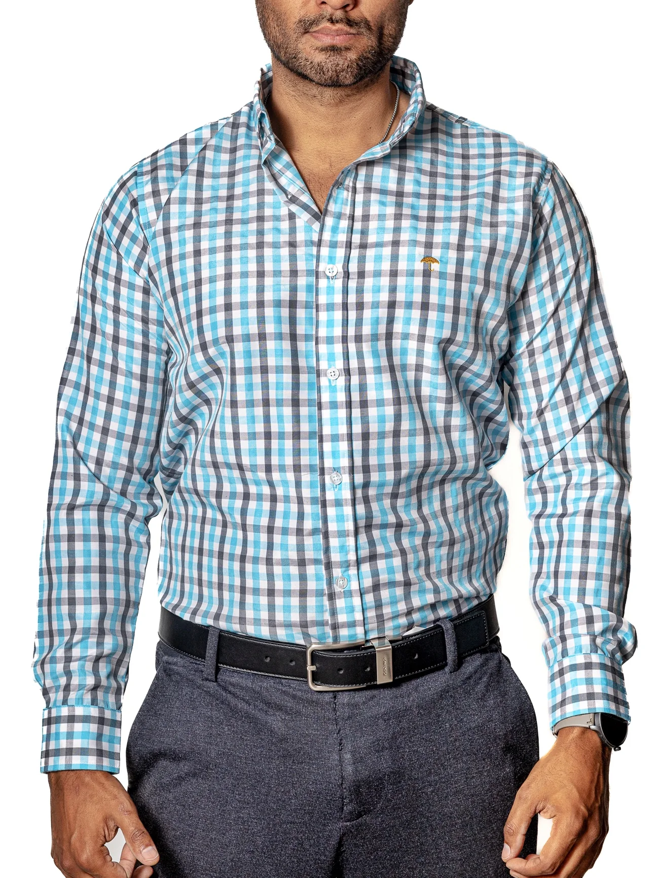 CAMISA CASUAL HOMBRE ,CUADRO AZUL CIELO Y GRIS