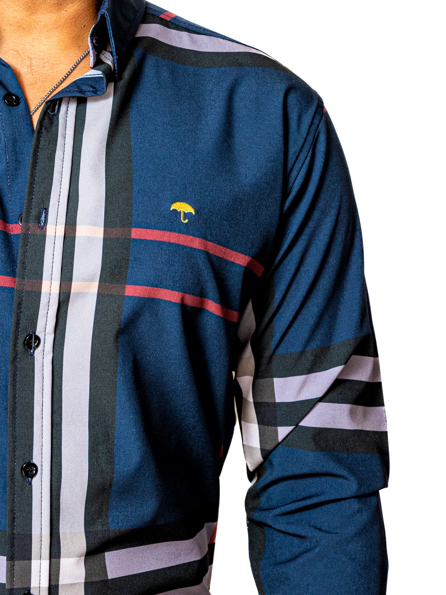 CAMISA CASUAL HOMBRE SLIM, AZUL LÍNEAS ROJA, NEGRA Y GRIS