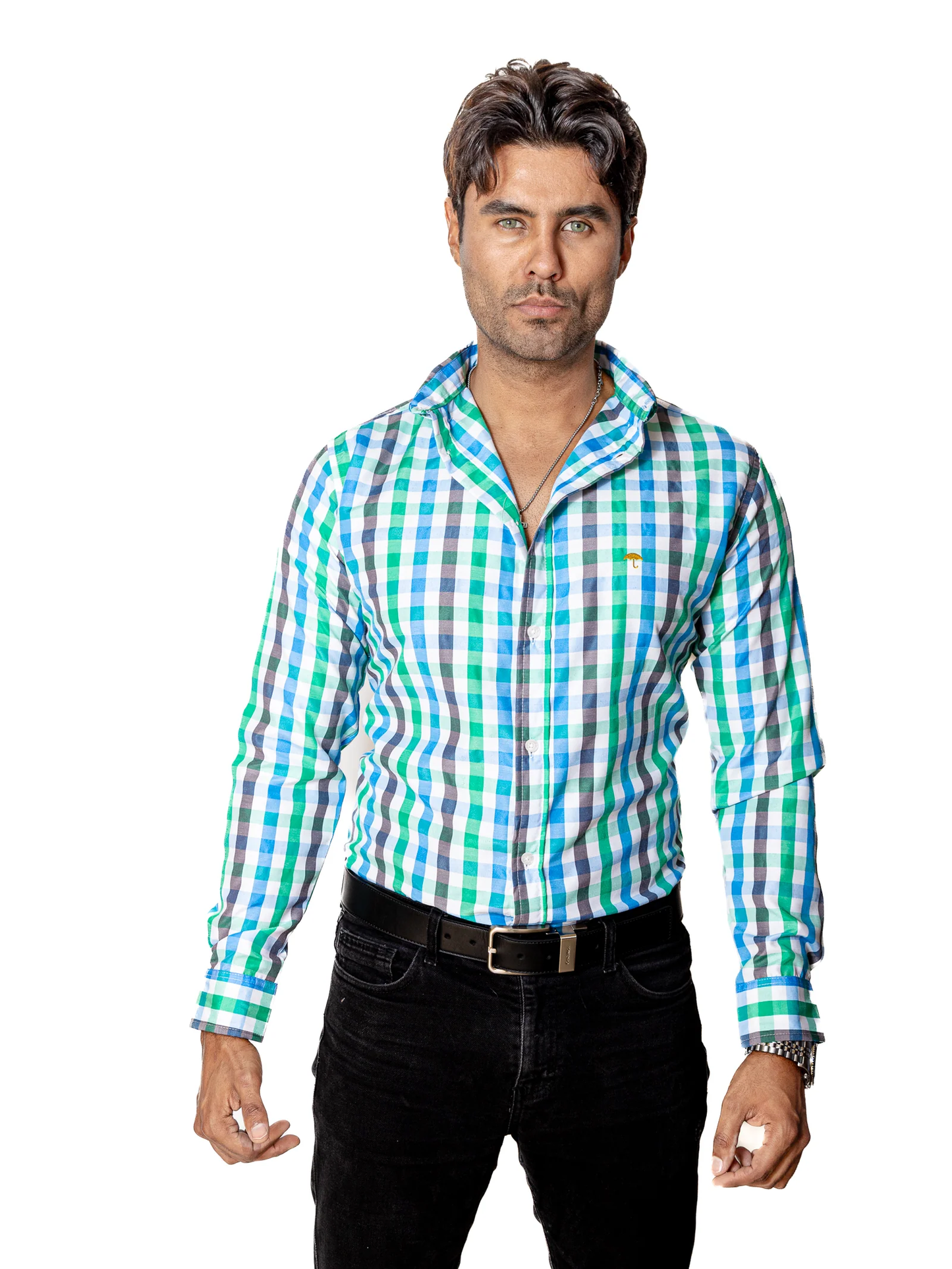 CAMISA CASUAL HOMBRE, FRANJAS VERDE, GRIS Y AZUL