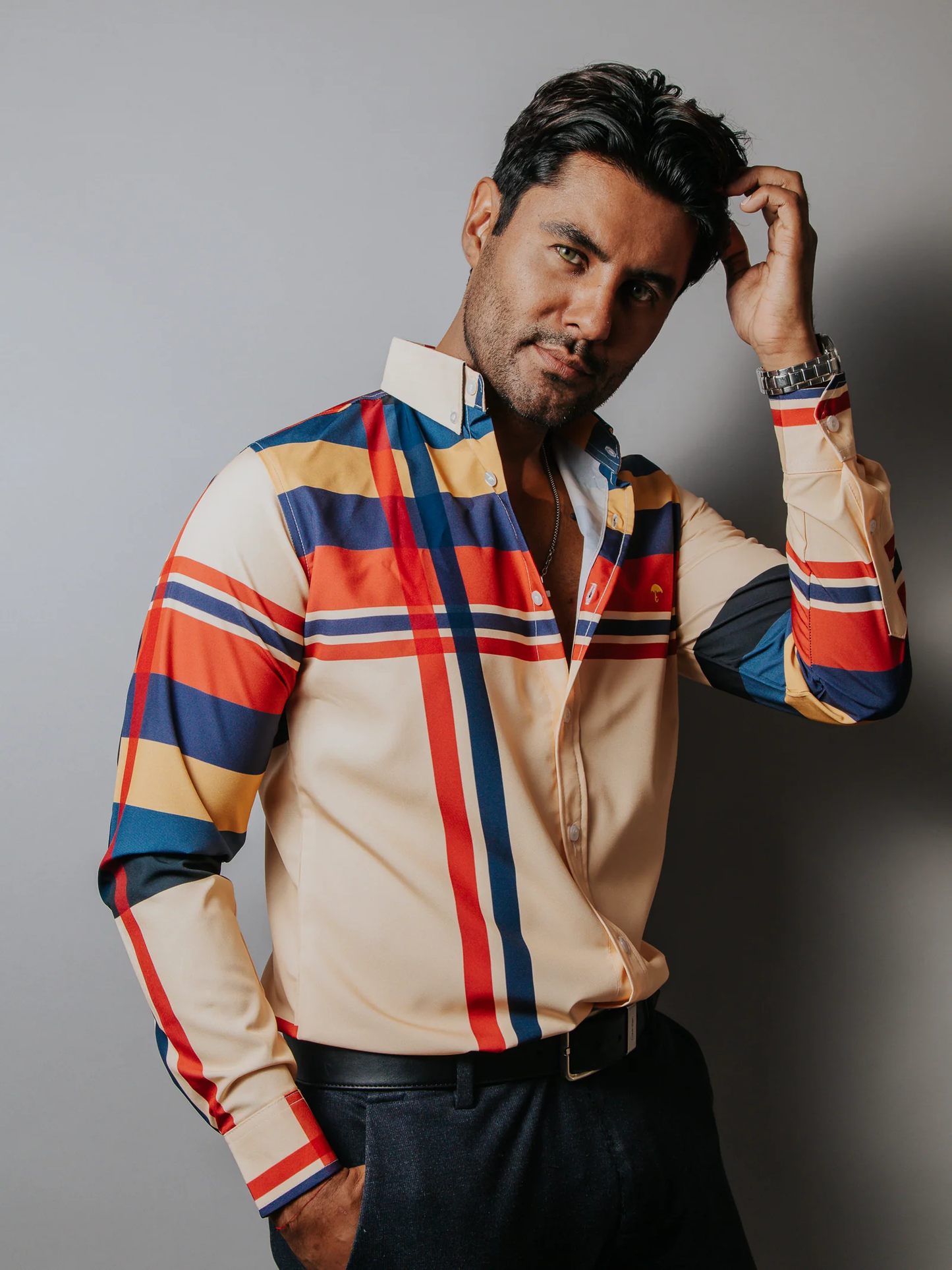 CAMISA CASUAL HOMBRE, MELÓN FRANJAS CAFE ROSA AMARILLO, AZUL
