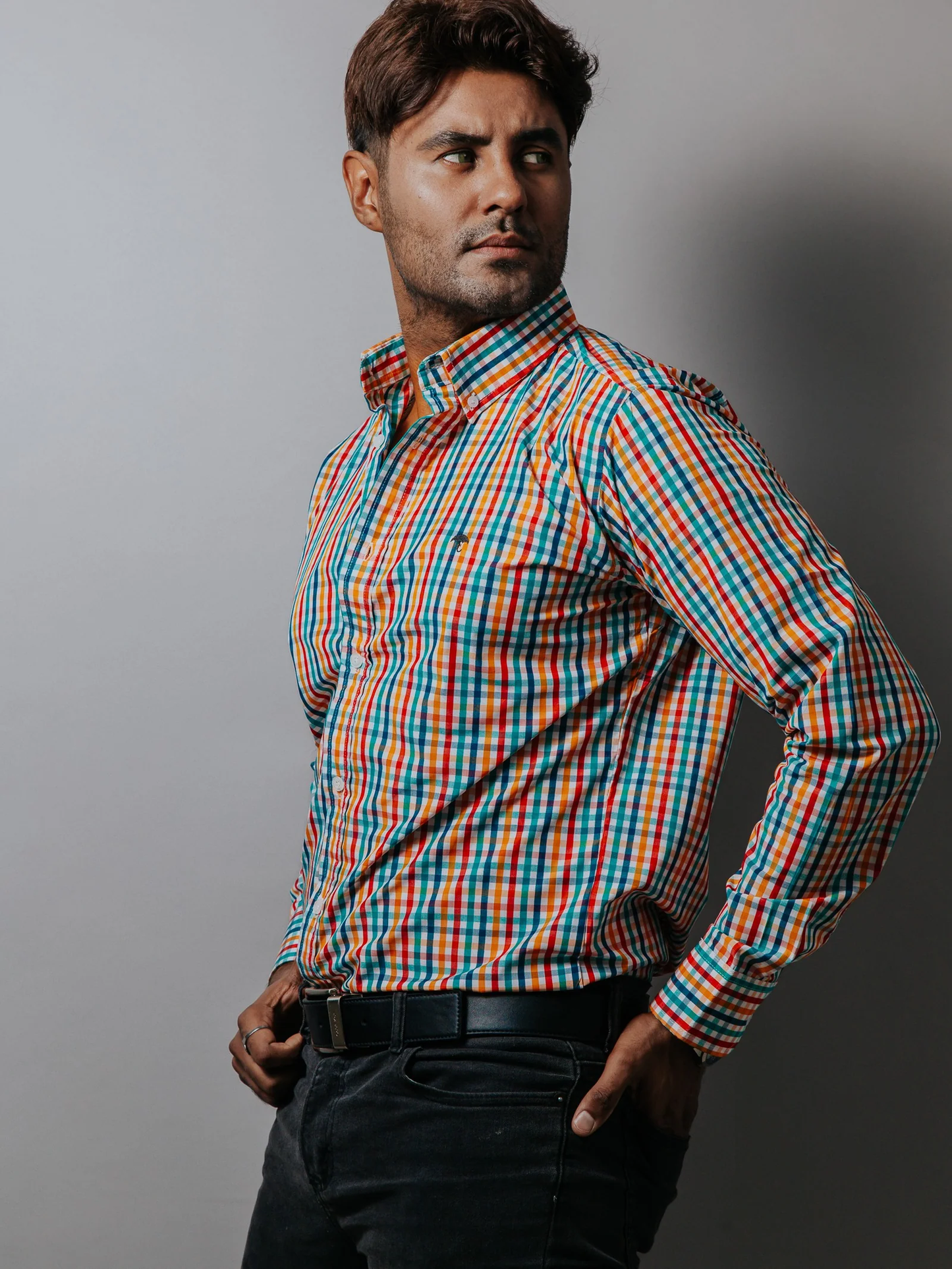 CAMISA HOMBRE SLIM FIT, CUADROS AMARILLOS, ROJOS, VERDES, AZUL