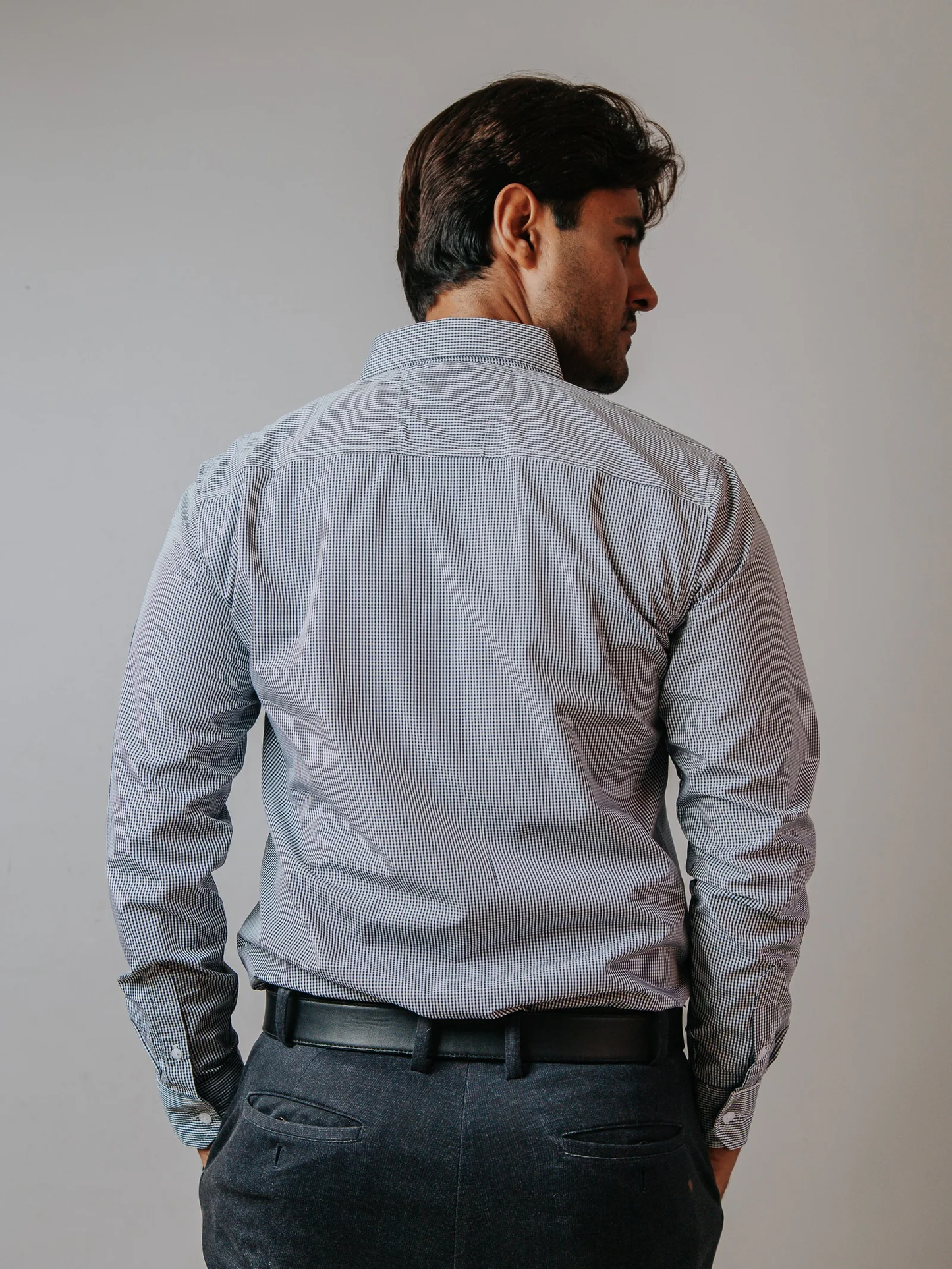 CAMISA HOMBRE SLIM FIT, MICROCUADRO AZUL MARINO