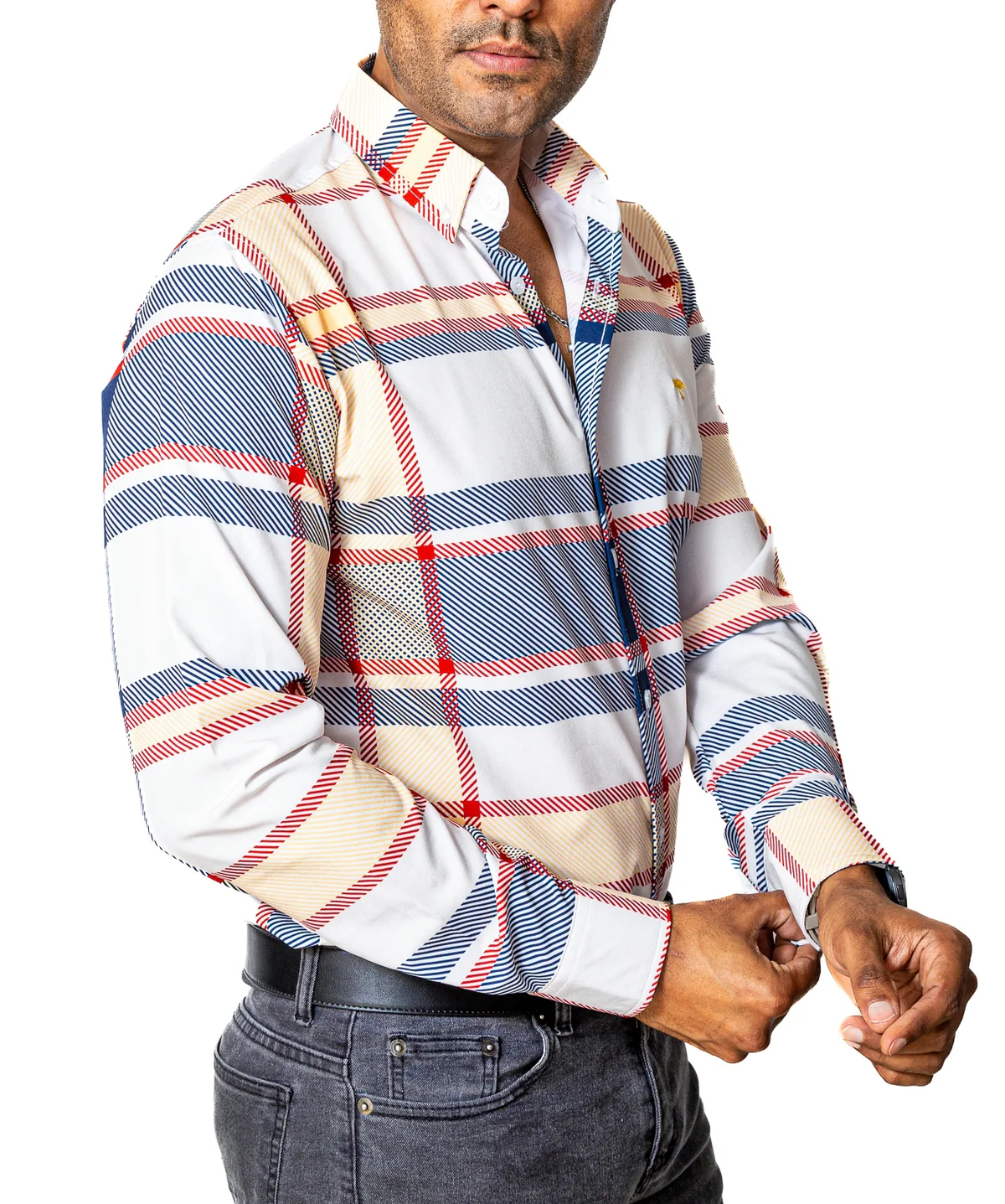 CAMISA HOMBRE SLIM FIT, HUESO LÍNEAS MORADO, ROJO, AMARILLO