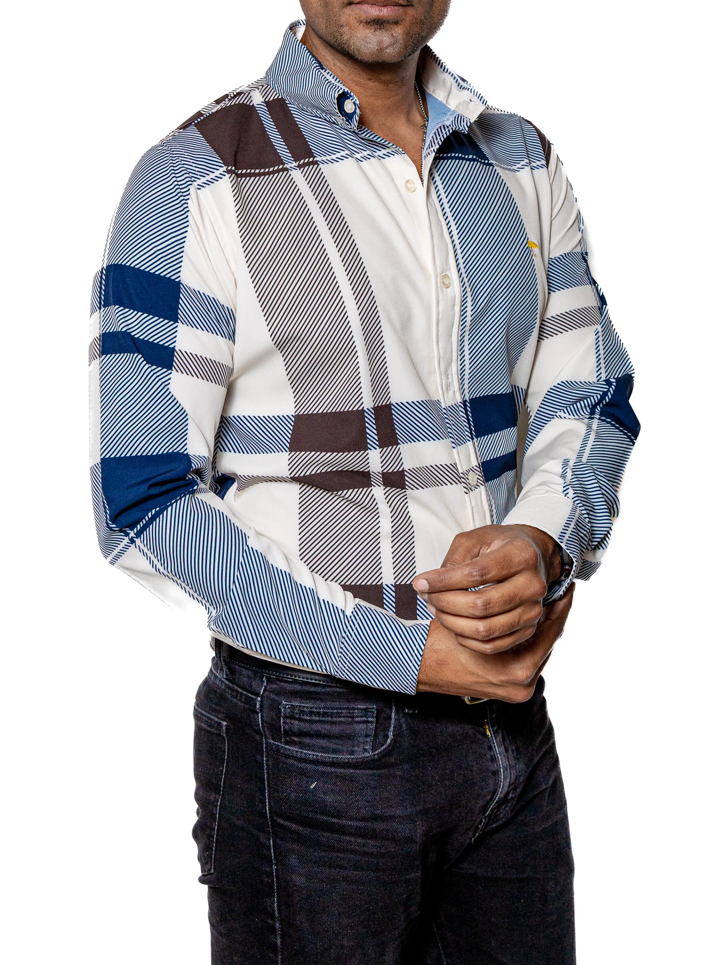 CAMISA HOMBRE CASUAL CUADROS BLANCOS, AZUL, MARRÓN
