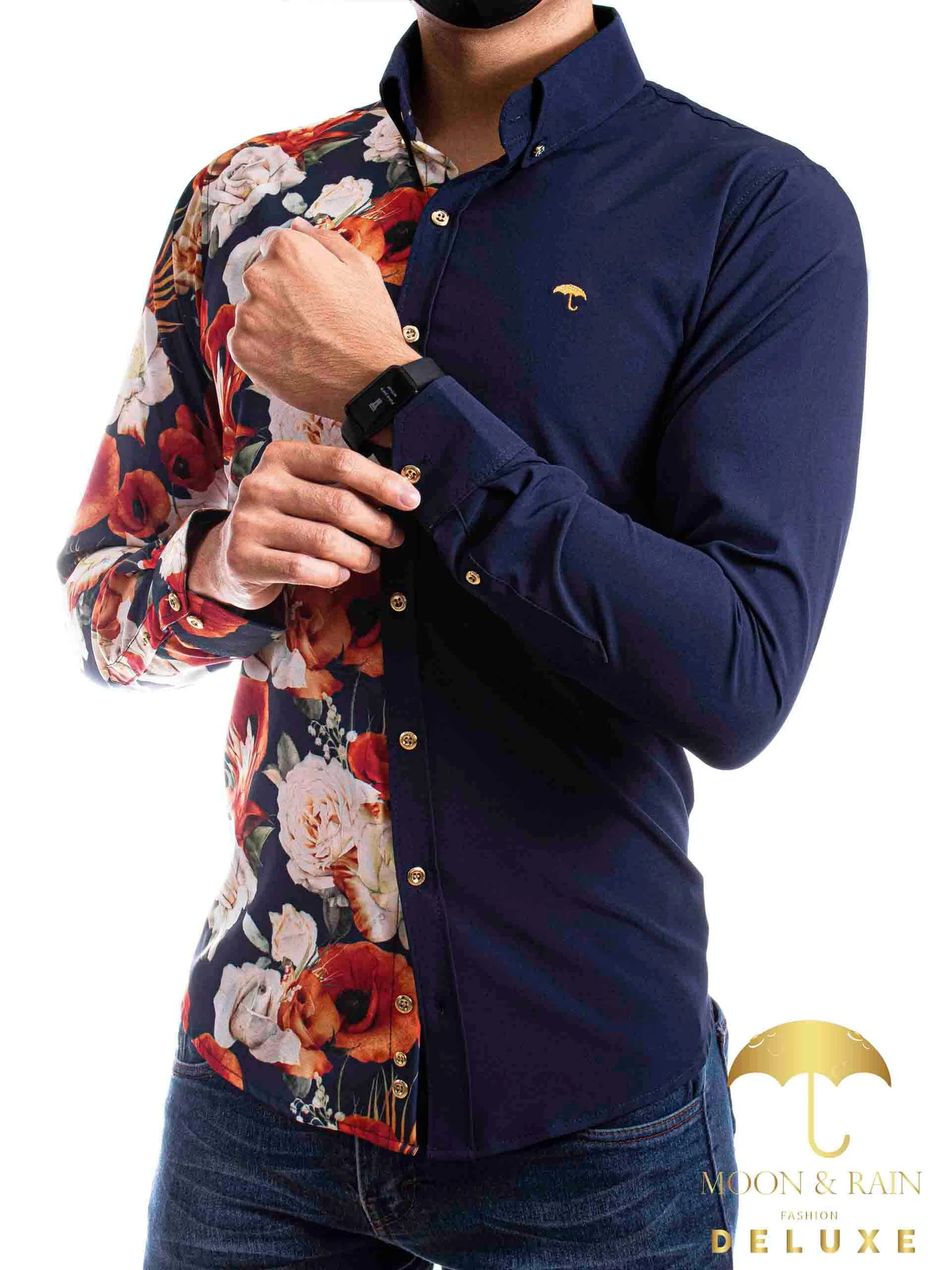 CAMISA HOMBRE CASUAL FLORES NARANJAS, BLANCAS - AZUL MARINO