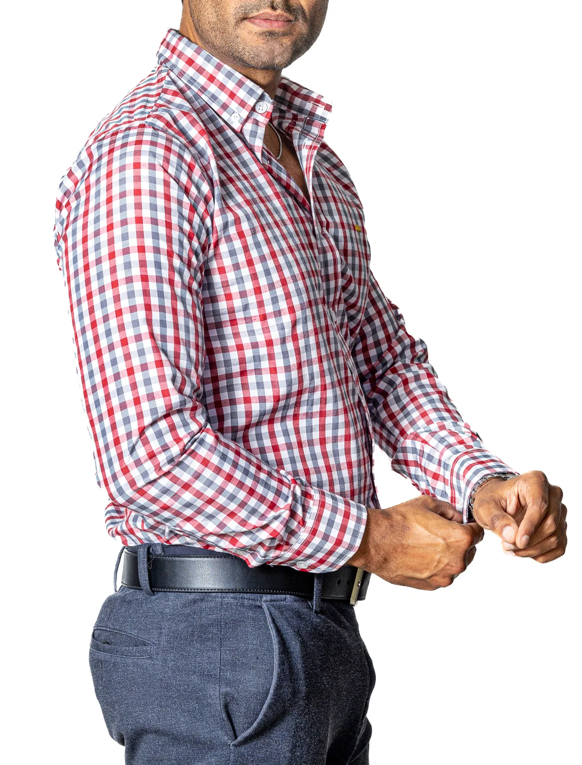 CAMISA CASUAL HOMBRE, CUADRO ROJO Y GRIS