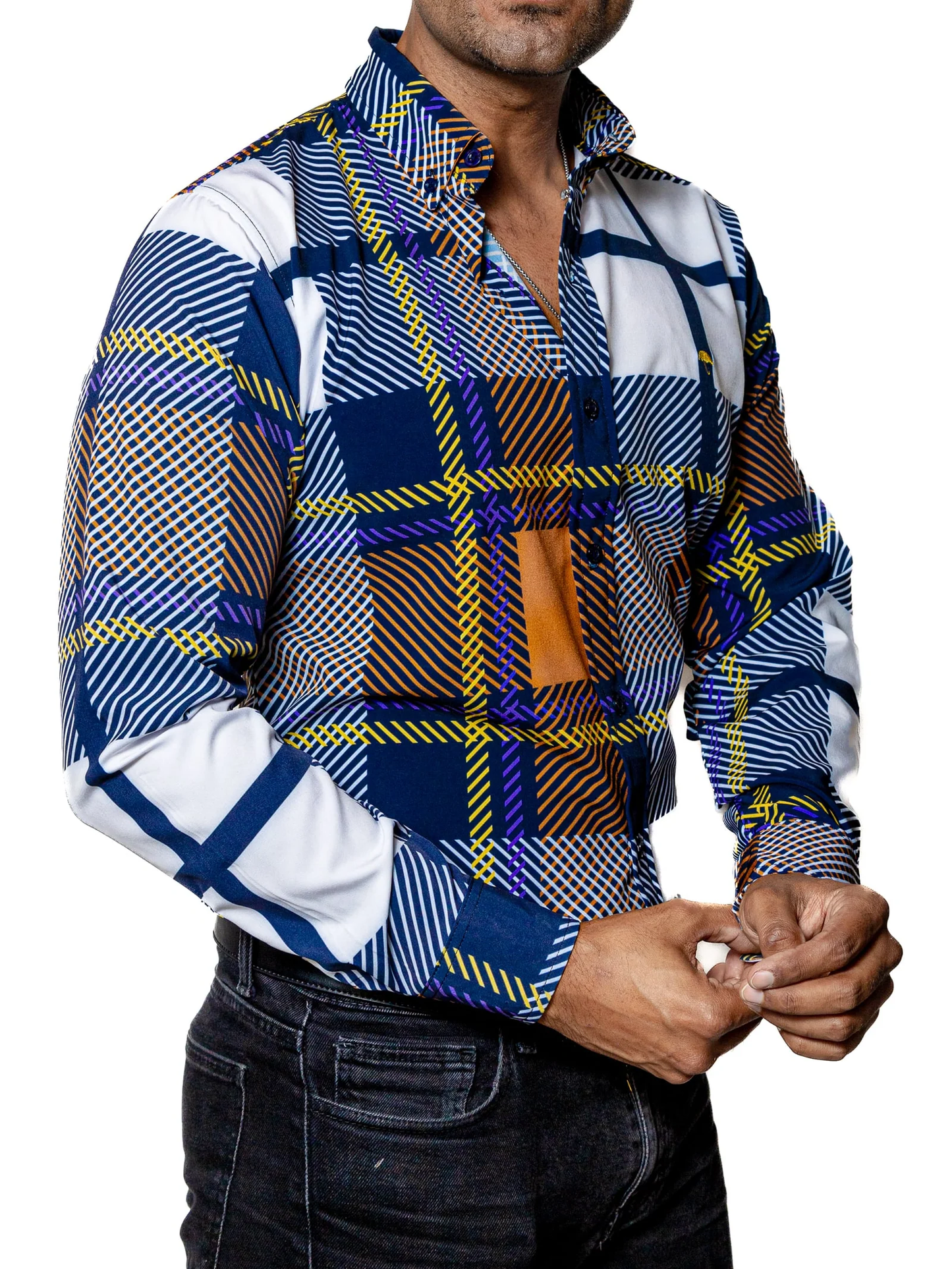 CAMISA HOMBRE CASUAL CUADROS MARINO, BLANCO, NARANJA