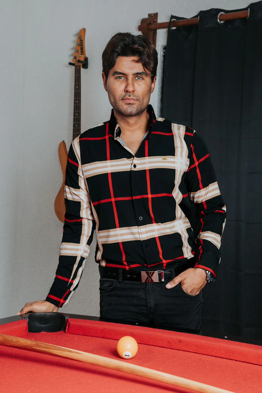 CAMISA HOMBRE SLIM FIT, CUADROS BEIGE ROJO Y BLANCO