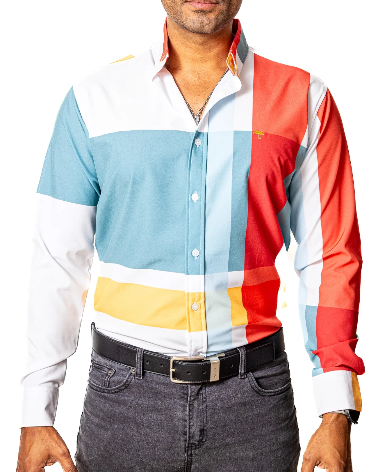 CAMISA HOMBRE SLIM FIT, BLANCO CUADROS ROJO,NARANJA,AZUL