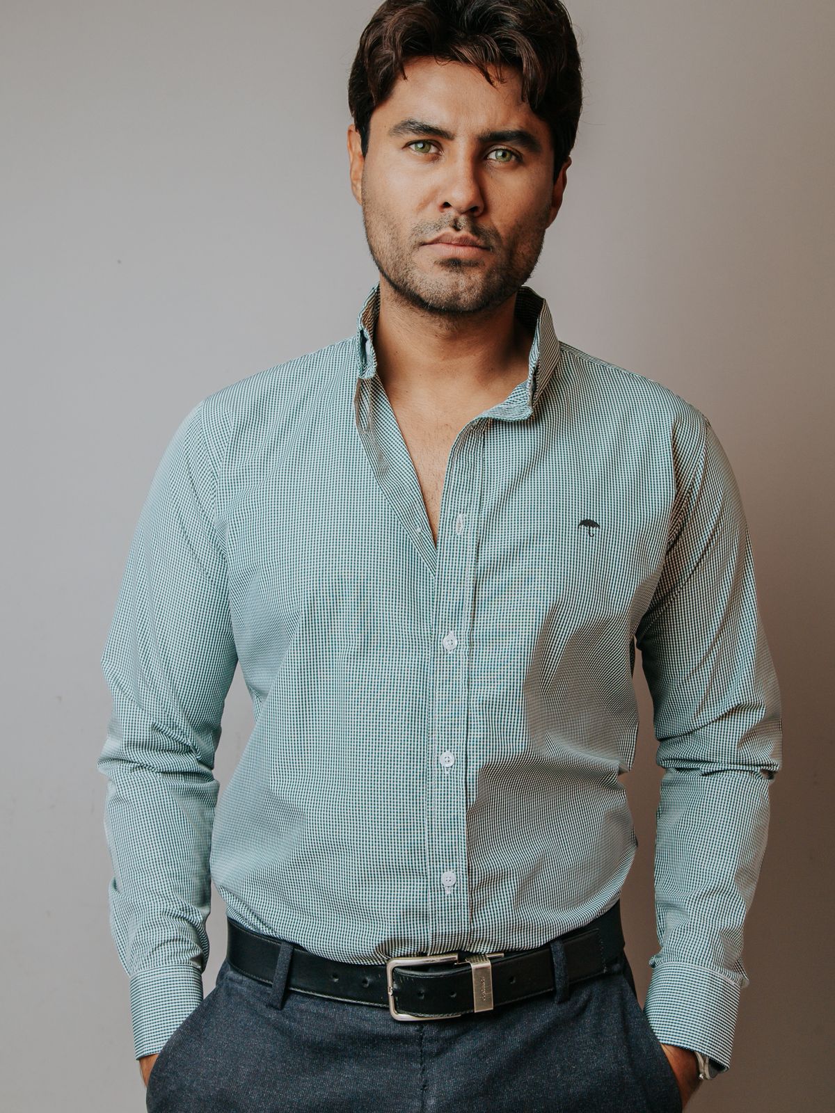 CAMISA HOMBRE SLIM FIT, MICROCUADRO VERDE