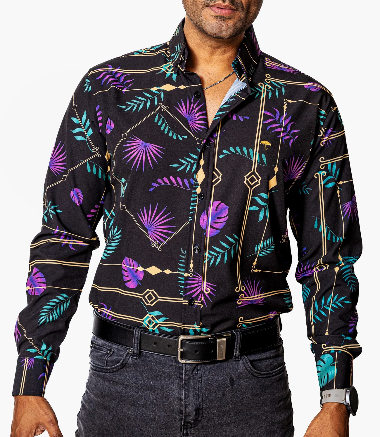 CAMISA CASUAL HOMBRE SLIM, NEGRA HOJAS MORADAS,VERDES