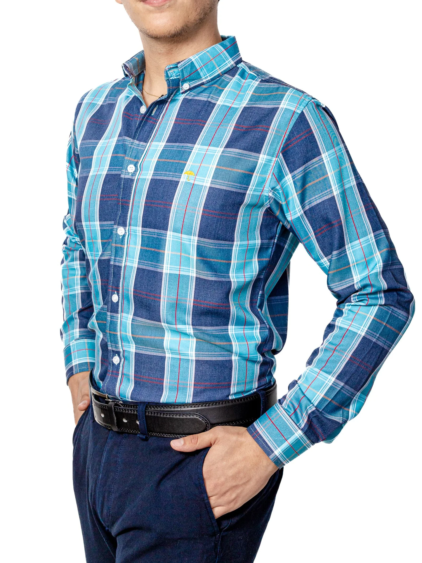 CAMISA CASUAL HOMBRE,CUADROS AZUL TURQUESA LINEA ROJA