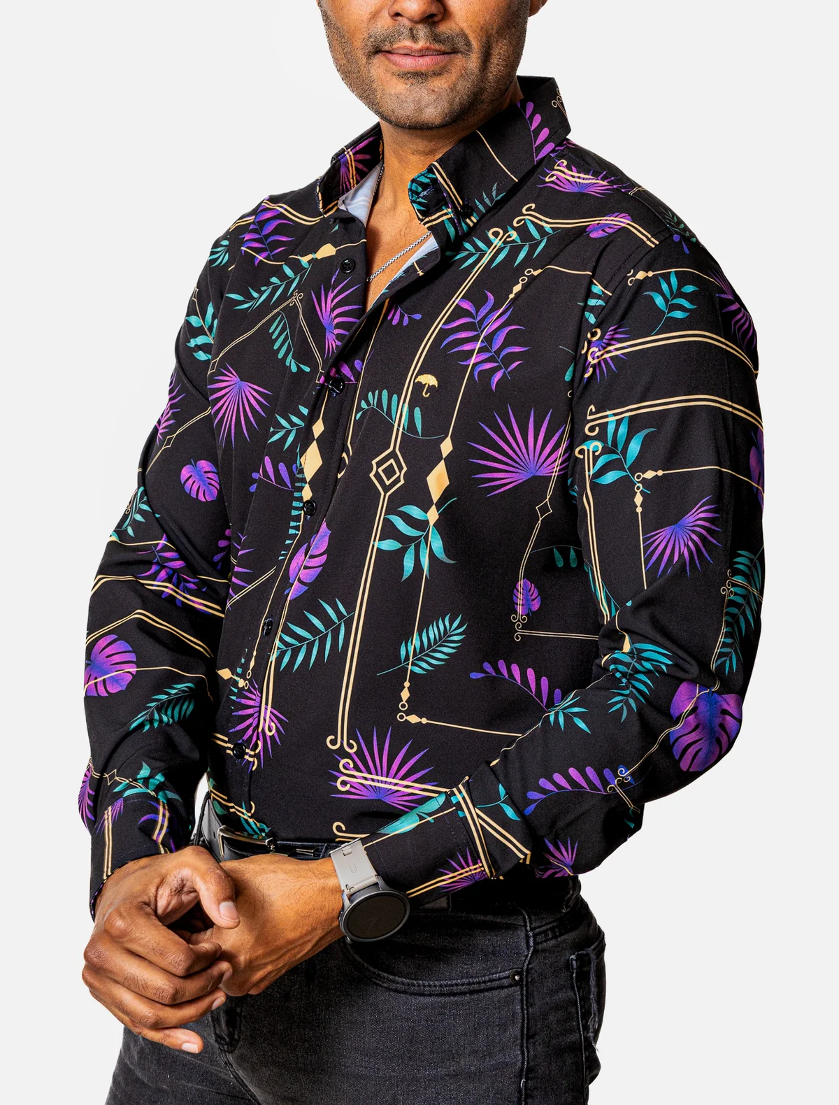 CAMISA CASUAL HOMBRE SLIM, NEGRA HOJAS MORADAS,VERDES