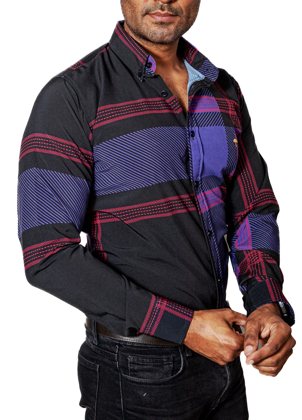 CAMISA HOMBRE CASUAL NEGRA RAYAS MORADA, ROJA