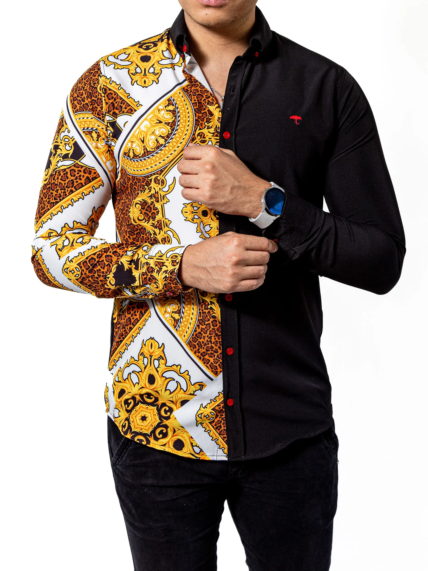 CAMISA HOMBRE SLIM FIT FIGURAS BARROCO DORADAS NEGRA