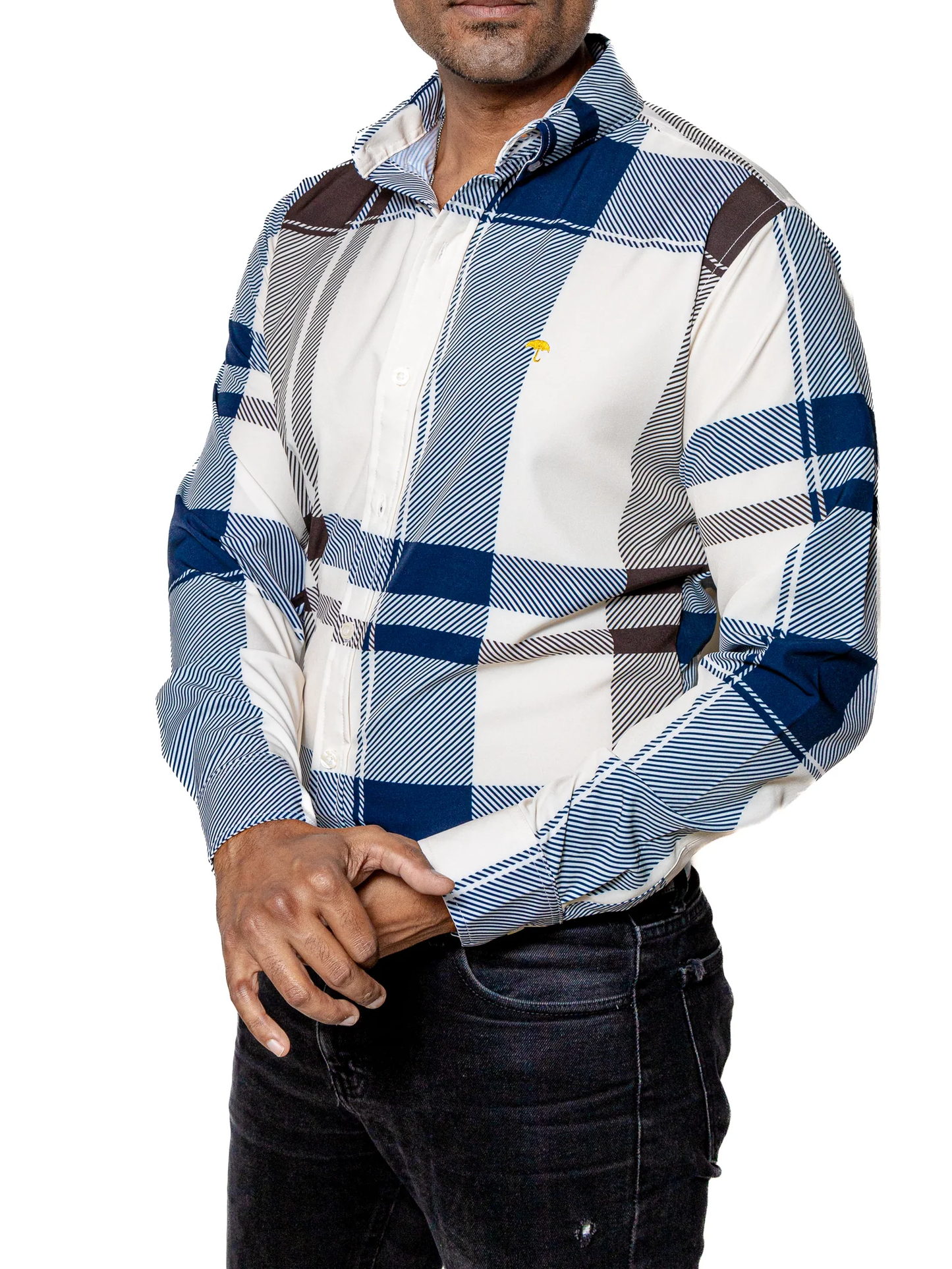 CAMISA HOMBRE CASUAL CUADROS BLANCOS, AZUL, MARRÓN