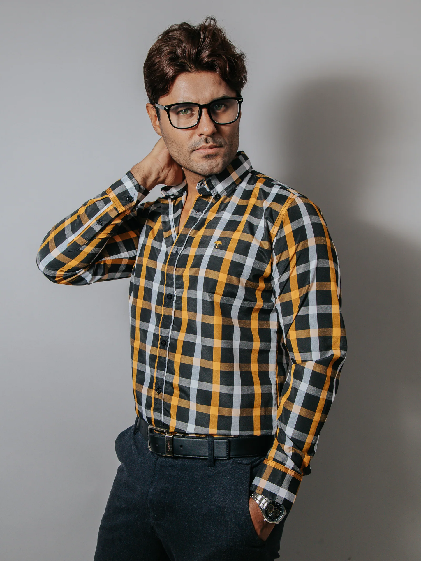 CAMISA HOMBRE SLIM FIT CUADROS BLANCO NARANJA NEGRO
