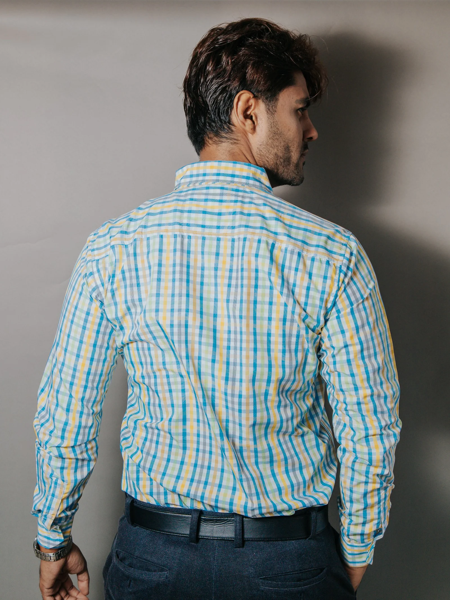 CAMISA HOMBRE SLIM FIT CUADROS PASTEL AMARILLO VERDE Y AZUL