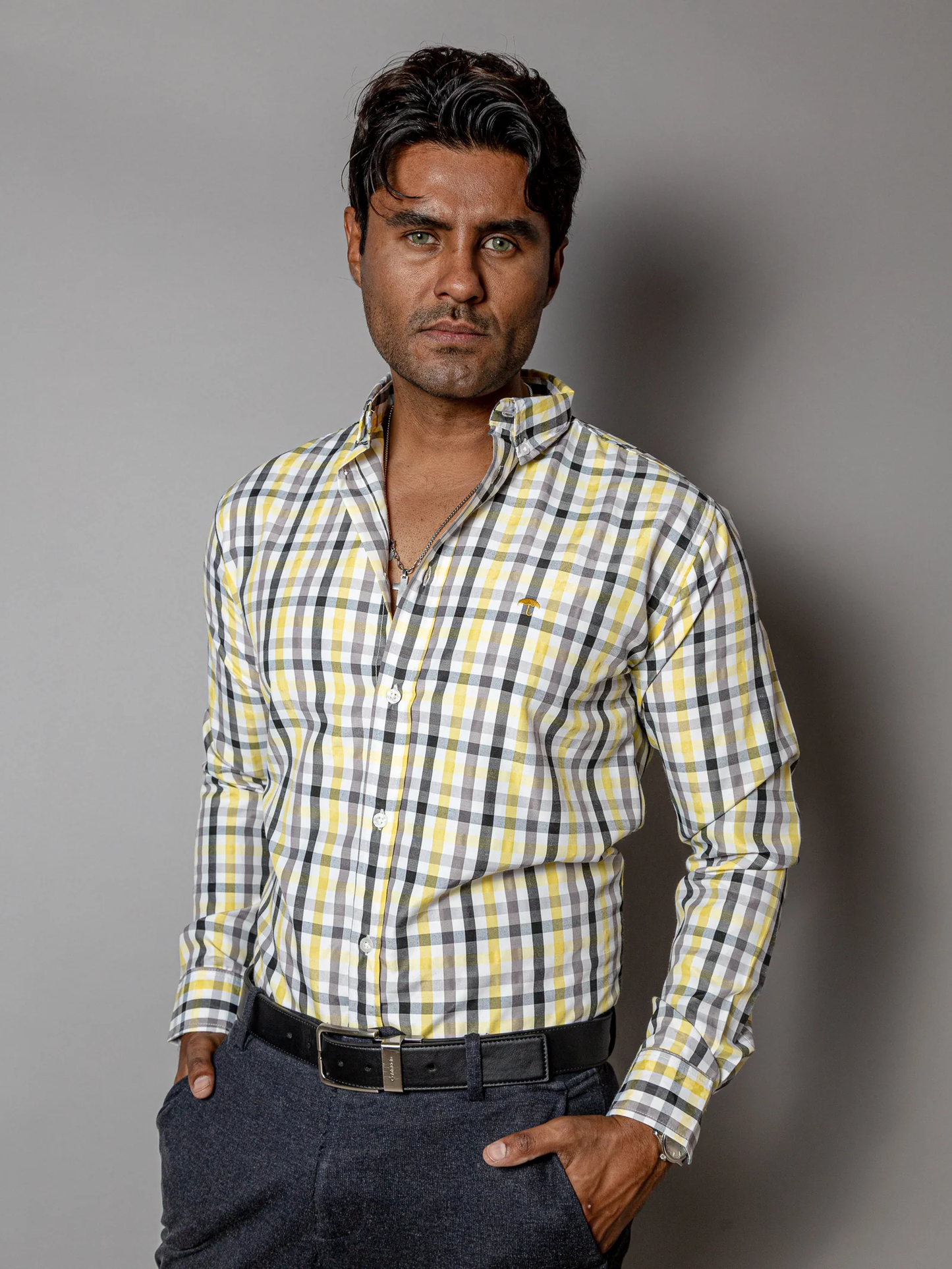CAMISA SLIM FIT HOMBRE, CUADROS AMARILLO NEGRO Y GRIS