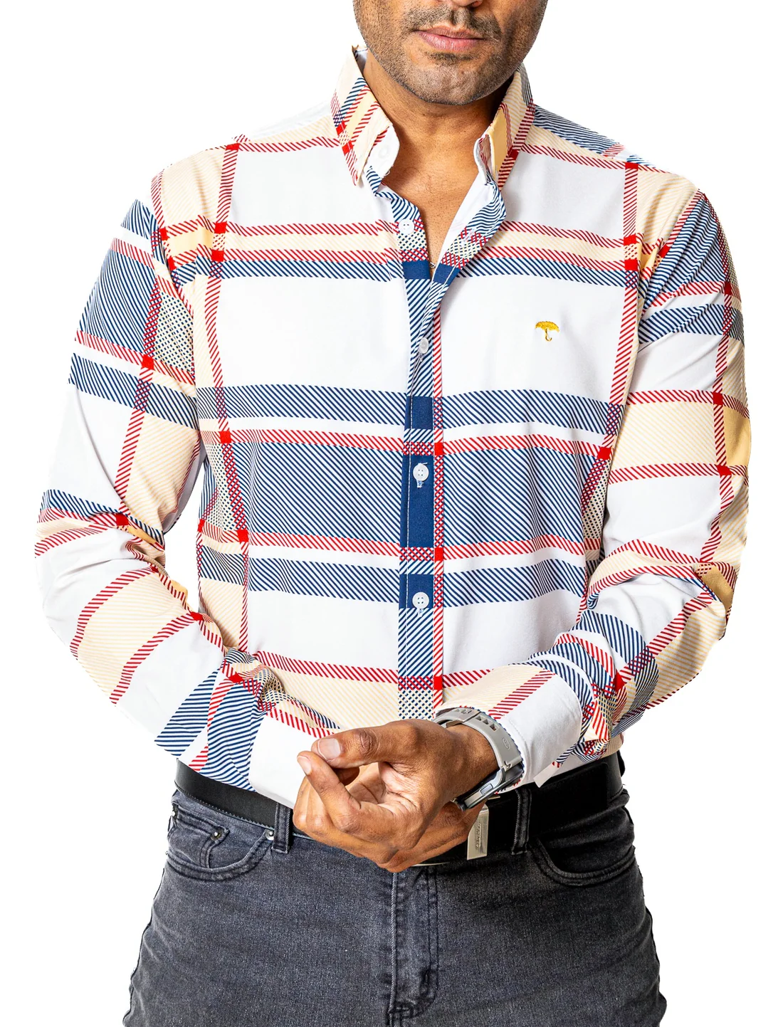 CAMISA HOMBRE SLIM FIT, HUESO LÍNEAS MORADO, ROJO, AMARILLO