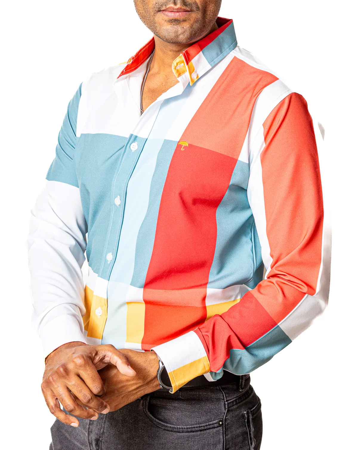 CAMISA HOMBRE SLIM FIT, BLANCO CUADROS ROJO,NARANJA,AZUL