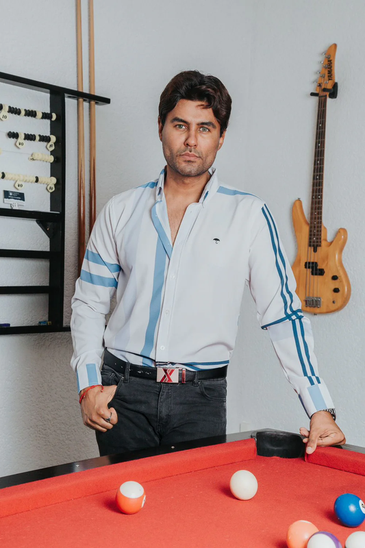 CAMISA HOMBRE SLIM FIT, FRANJAS AZULES Y LILA
