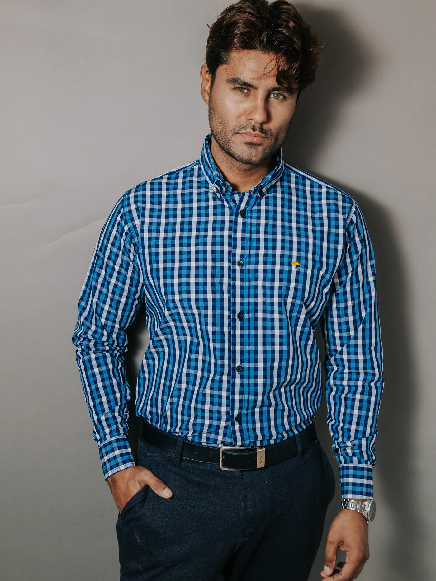 CAMISA HOMBRE SLIM FIT CUADROS AZUL Y GRIS