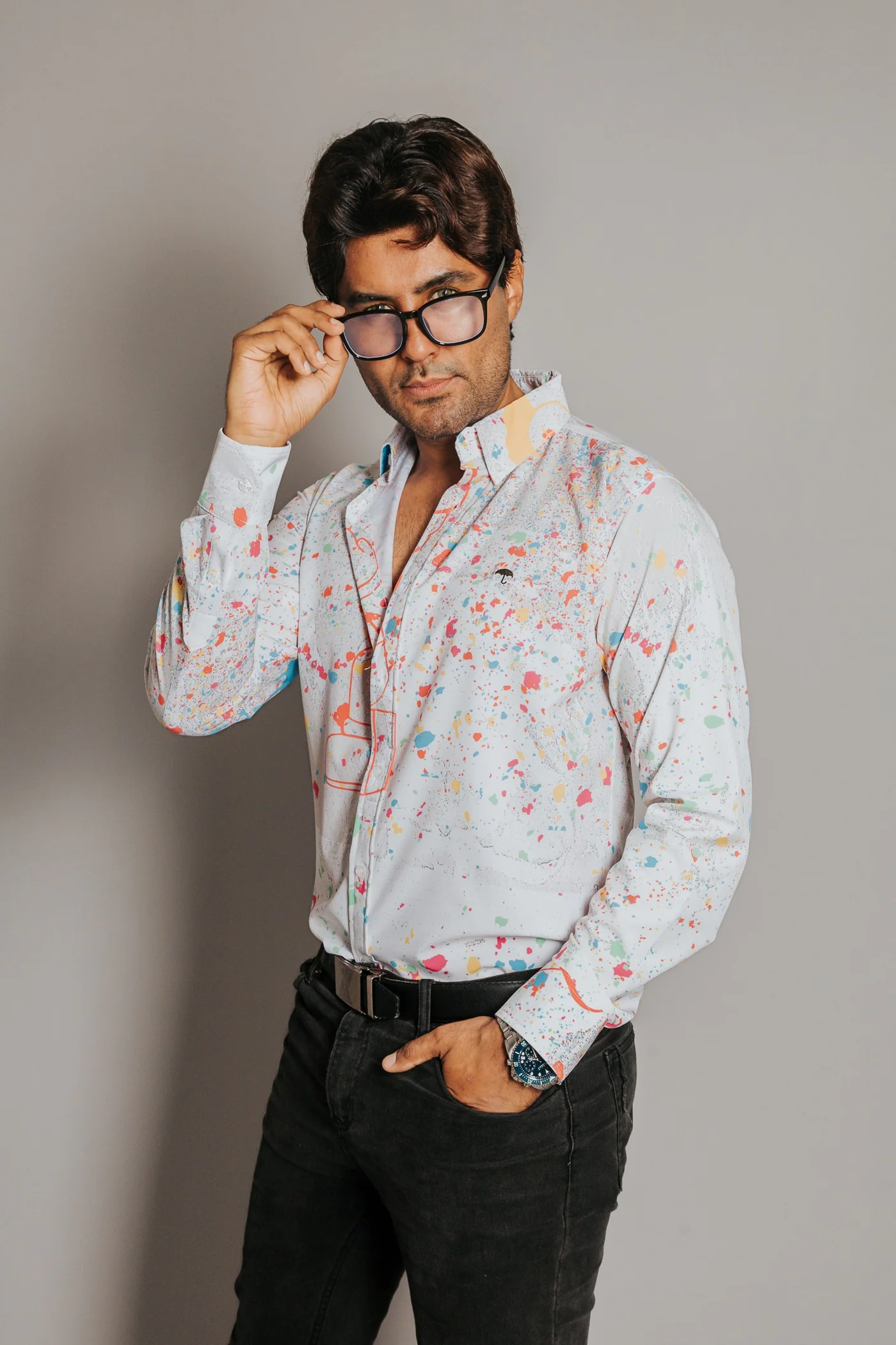 CAMISA HOMBRE SLIM FIT, SALPICADURA PINTURA KAWAS