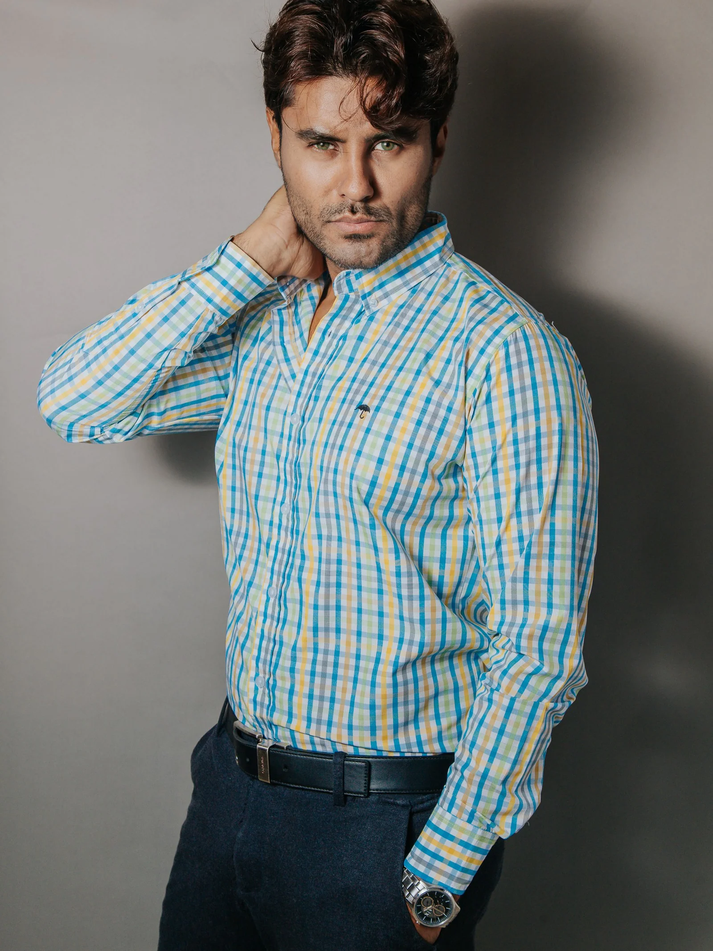 CAMISA HOMBRE SLIM FIT CUADROS PASTEL AMARILLO VERDE Y AZUL