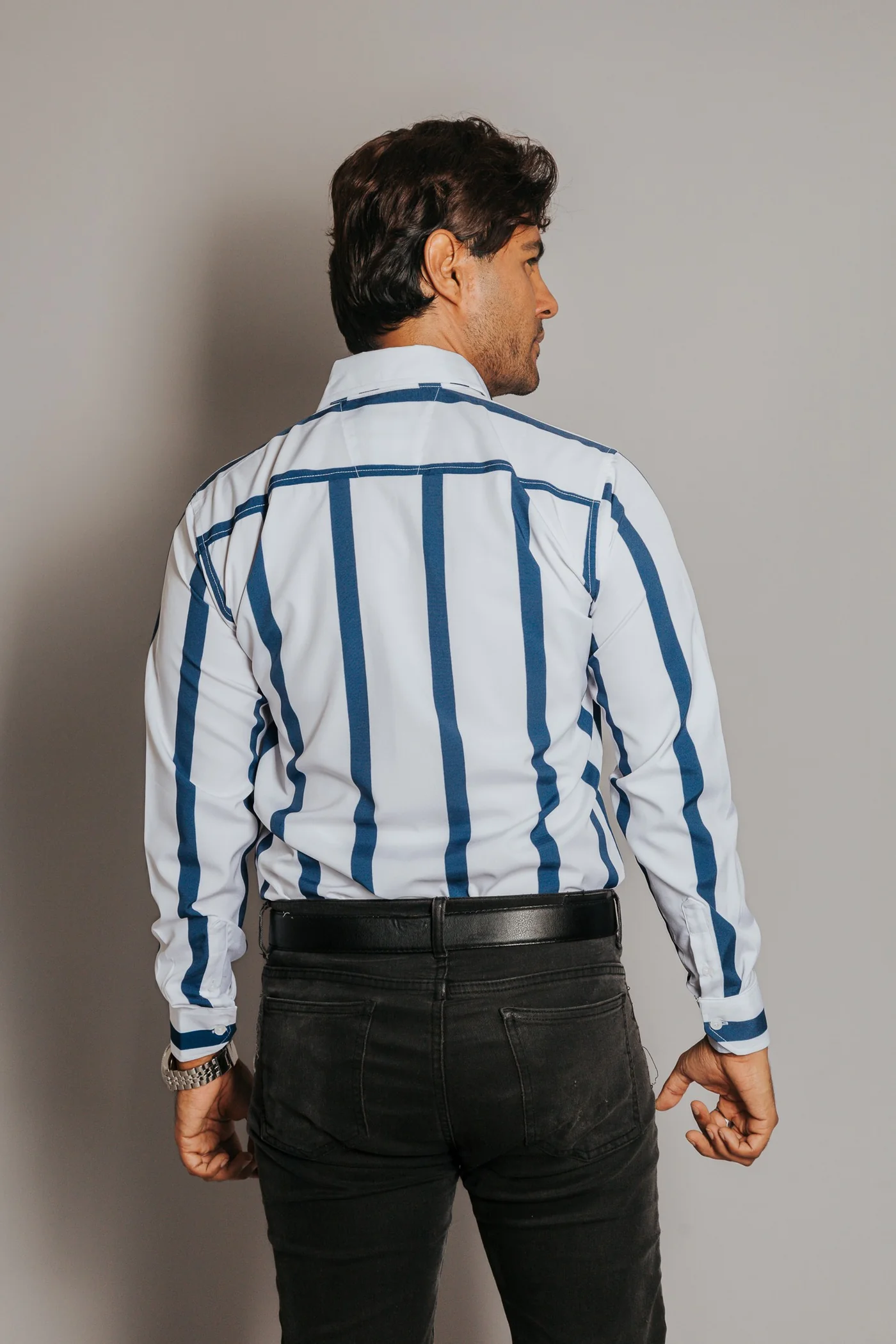 CAMISA HOMBRE BLANCA SLIM FIT, FRANJAS AZUL