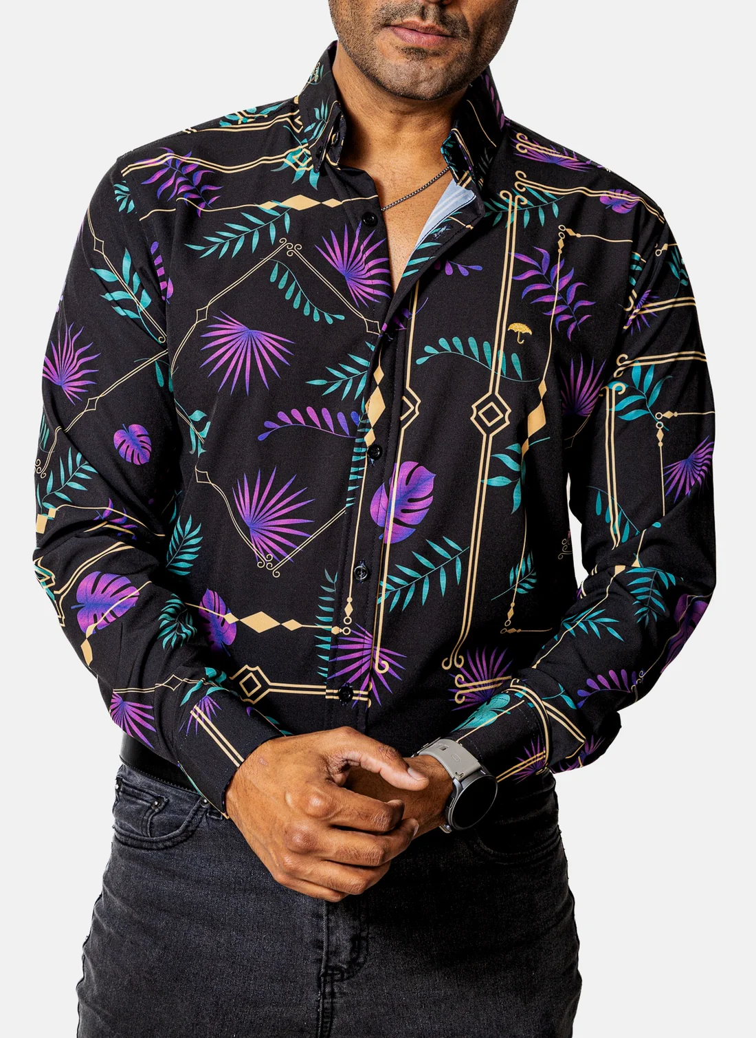 CAMISA CASUAL HOMBRE SLIM, NEGRA HOJAS MORADAS,VERDES