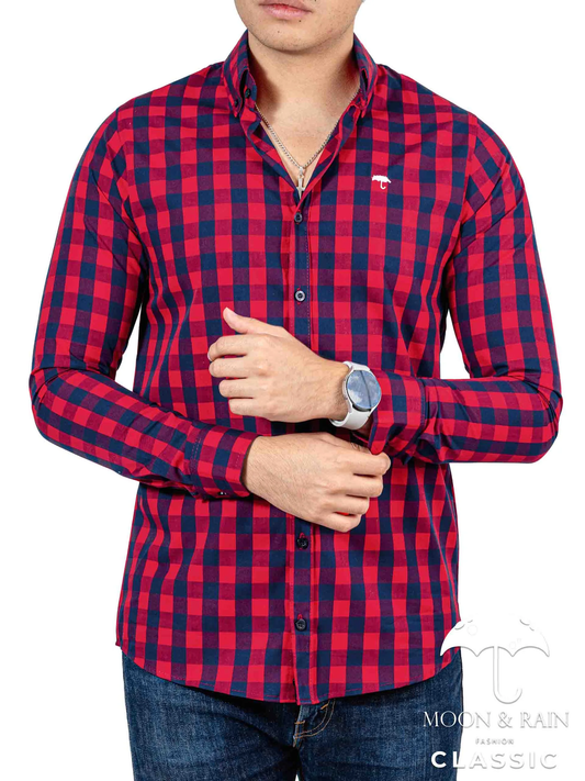 CAMISA HOMBRE CASUAL SLIM FIT CUADRO GRANDE ROJO Y AZUL