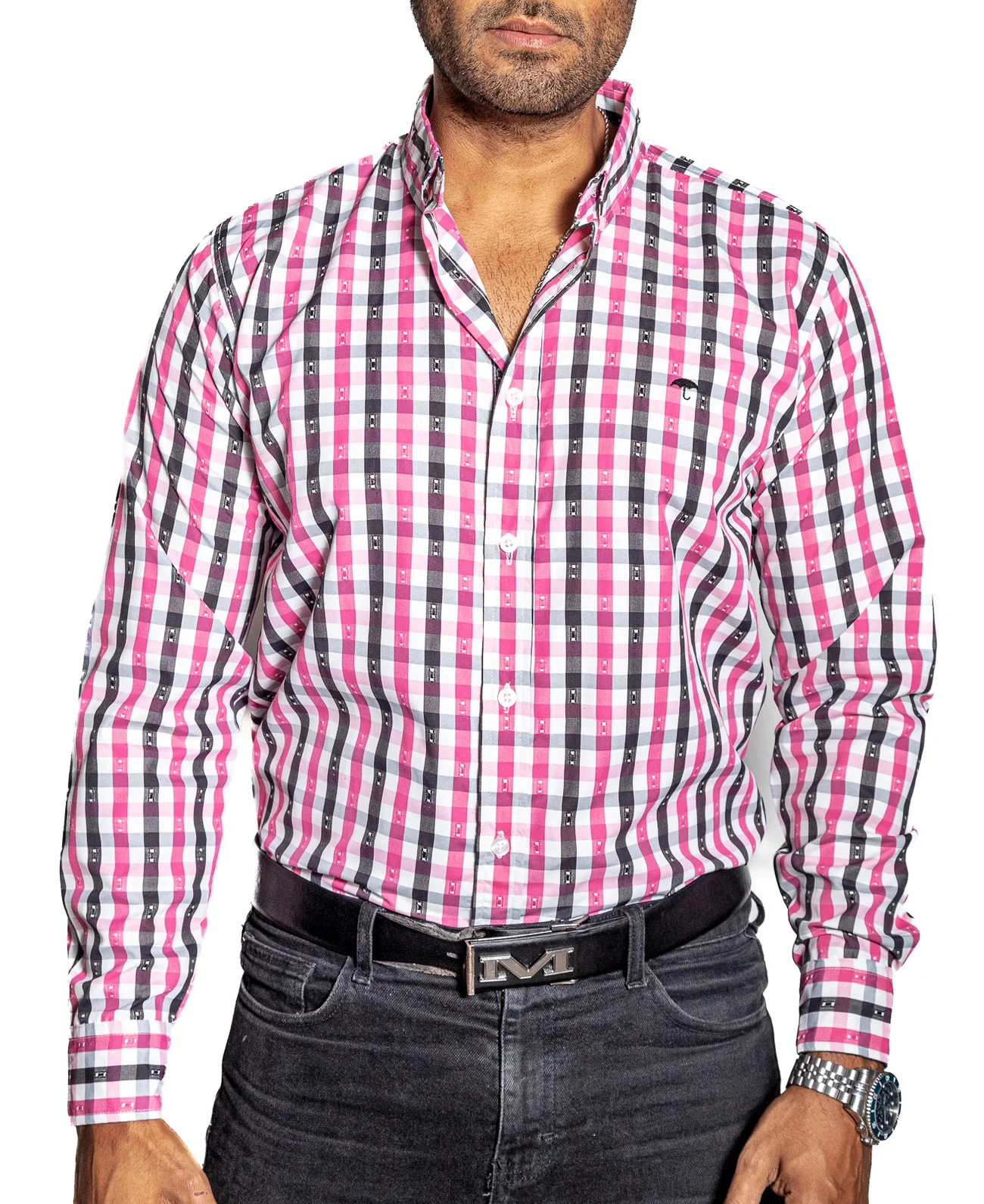 CAMISA HOMBRE CASUAL CUADROS ROSAS, BLANCOS, NEGROS PUNTOS
