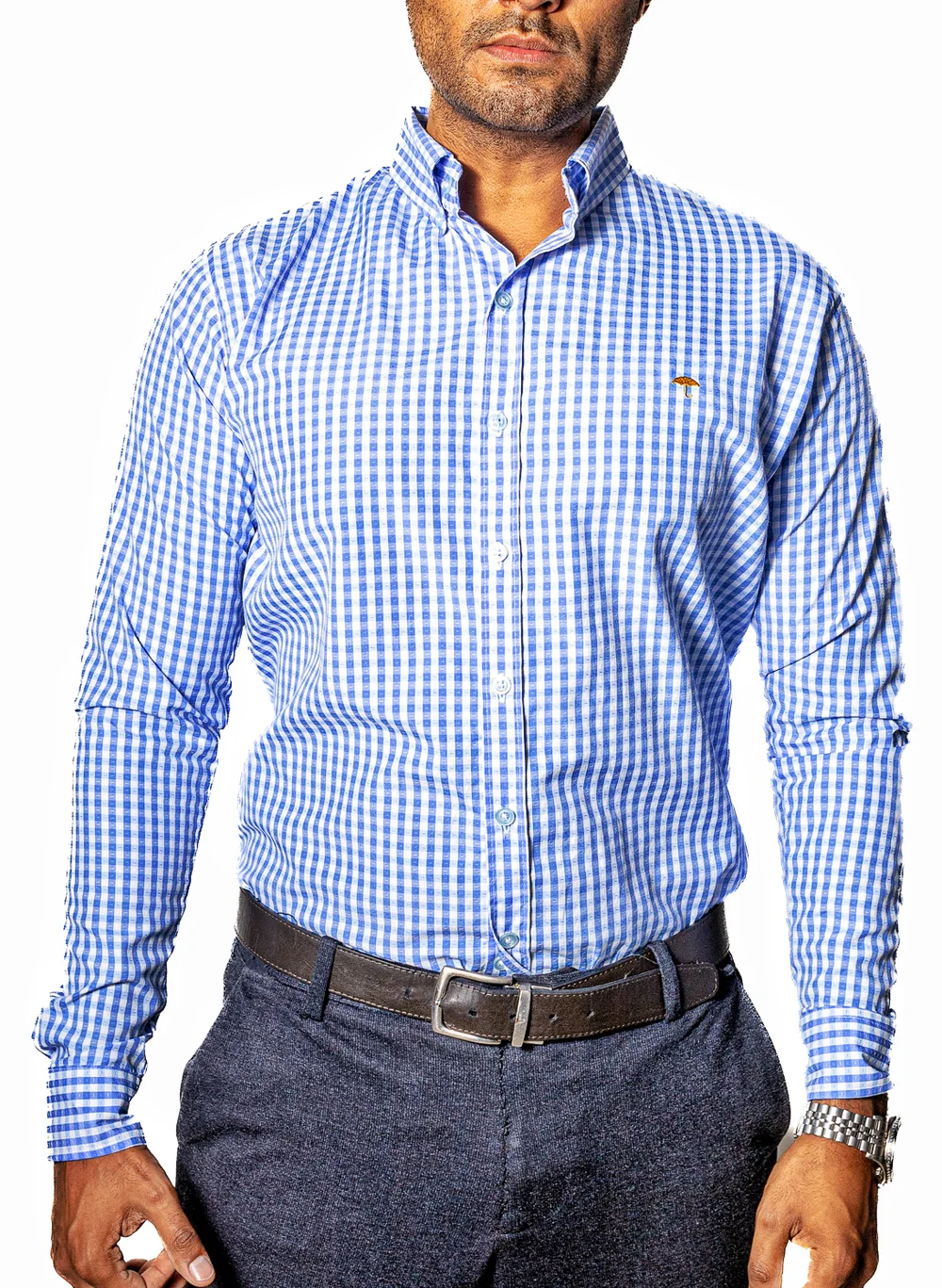CAMISA HOMBRE CASUAL MINI CUADROS AZUL CLARO, BLANCOS