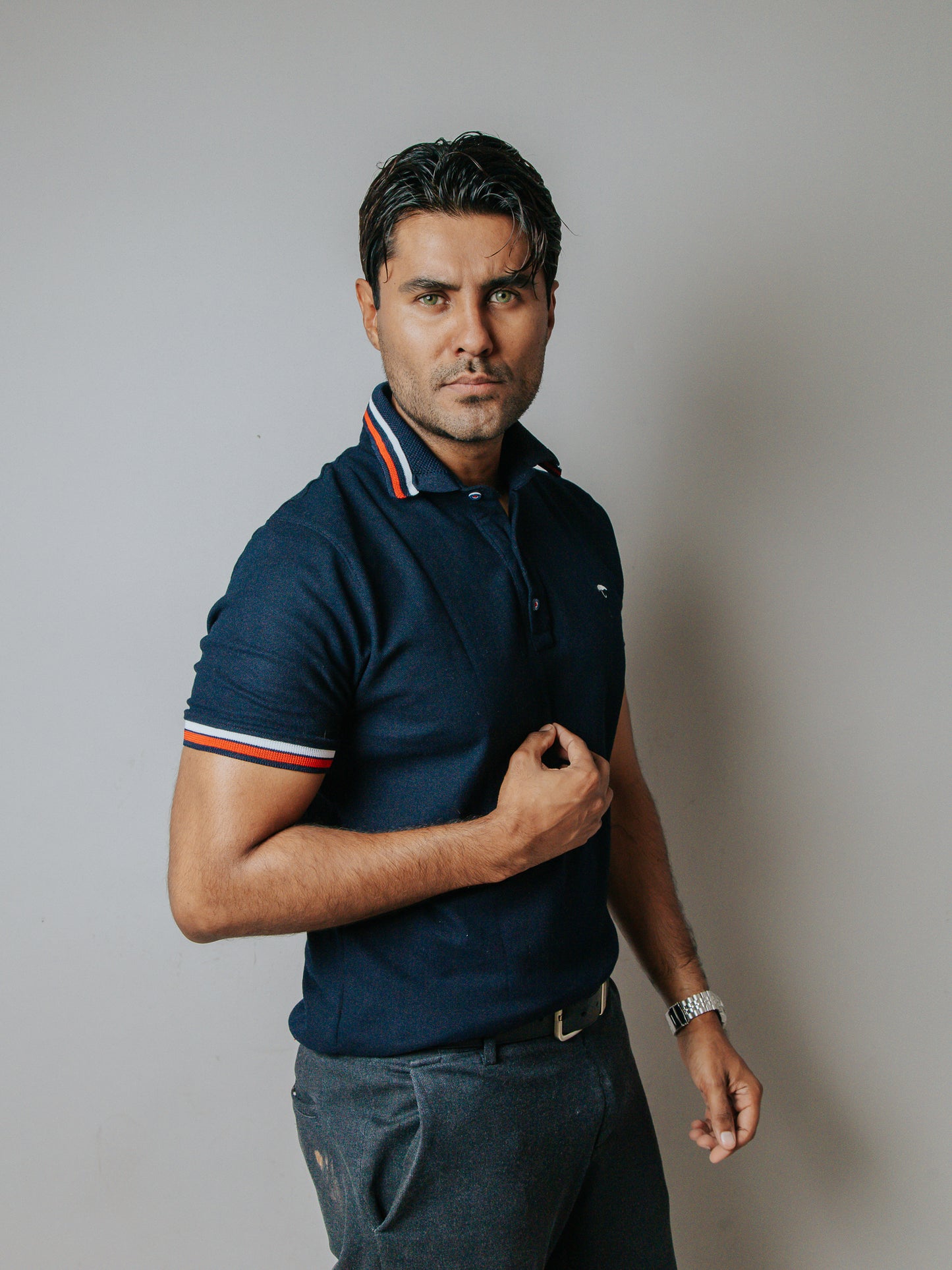 CAMISA POLO SLIM FIT, AZUL DETALLE ROJO Y BLANCO