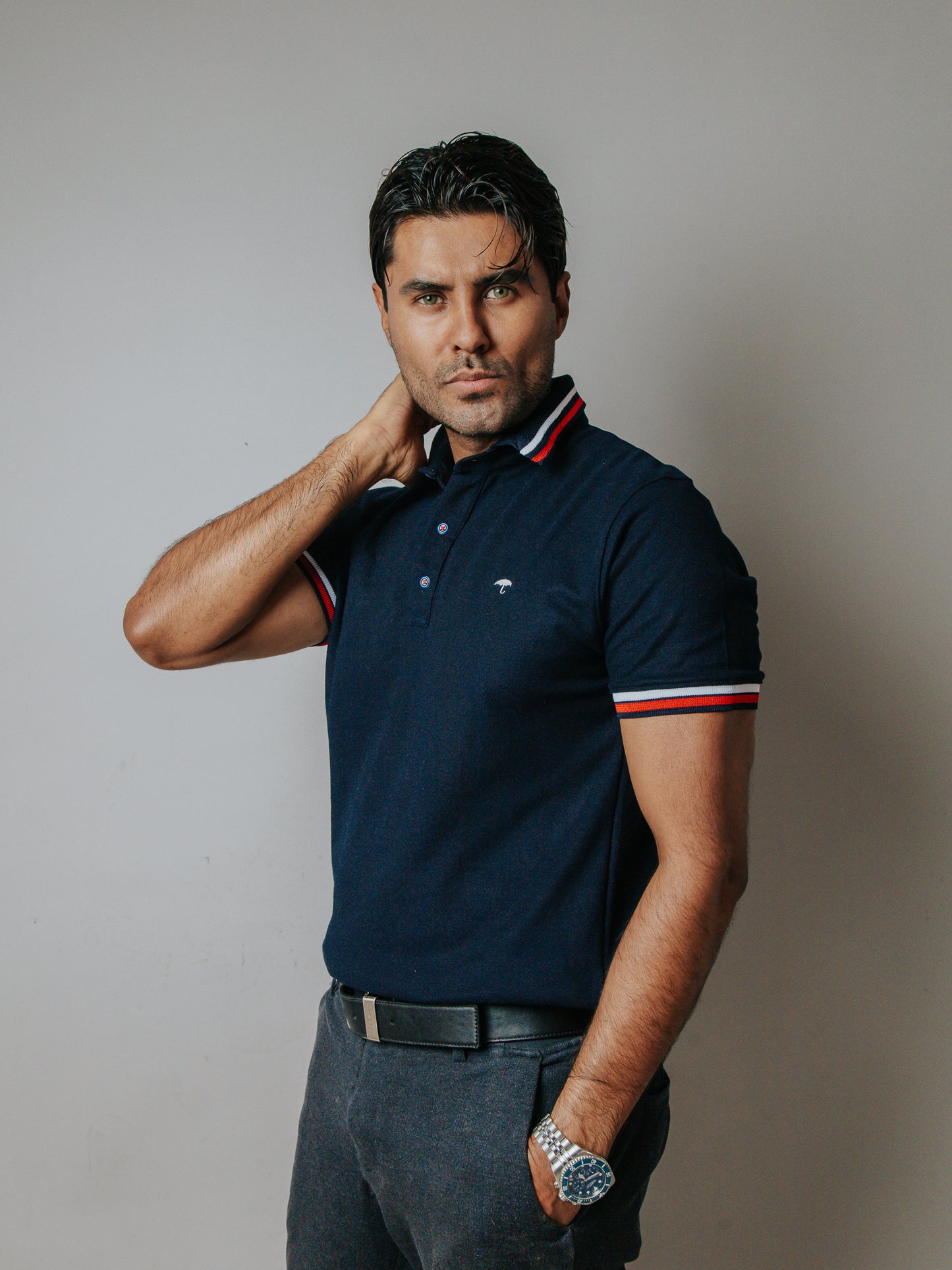 CAMISA POLO SLIM FIT, AZUL DETALLE ROJO Y BLANCO