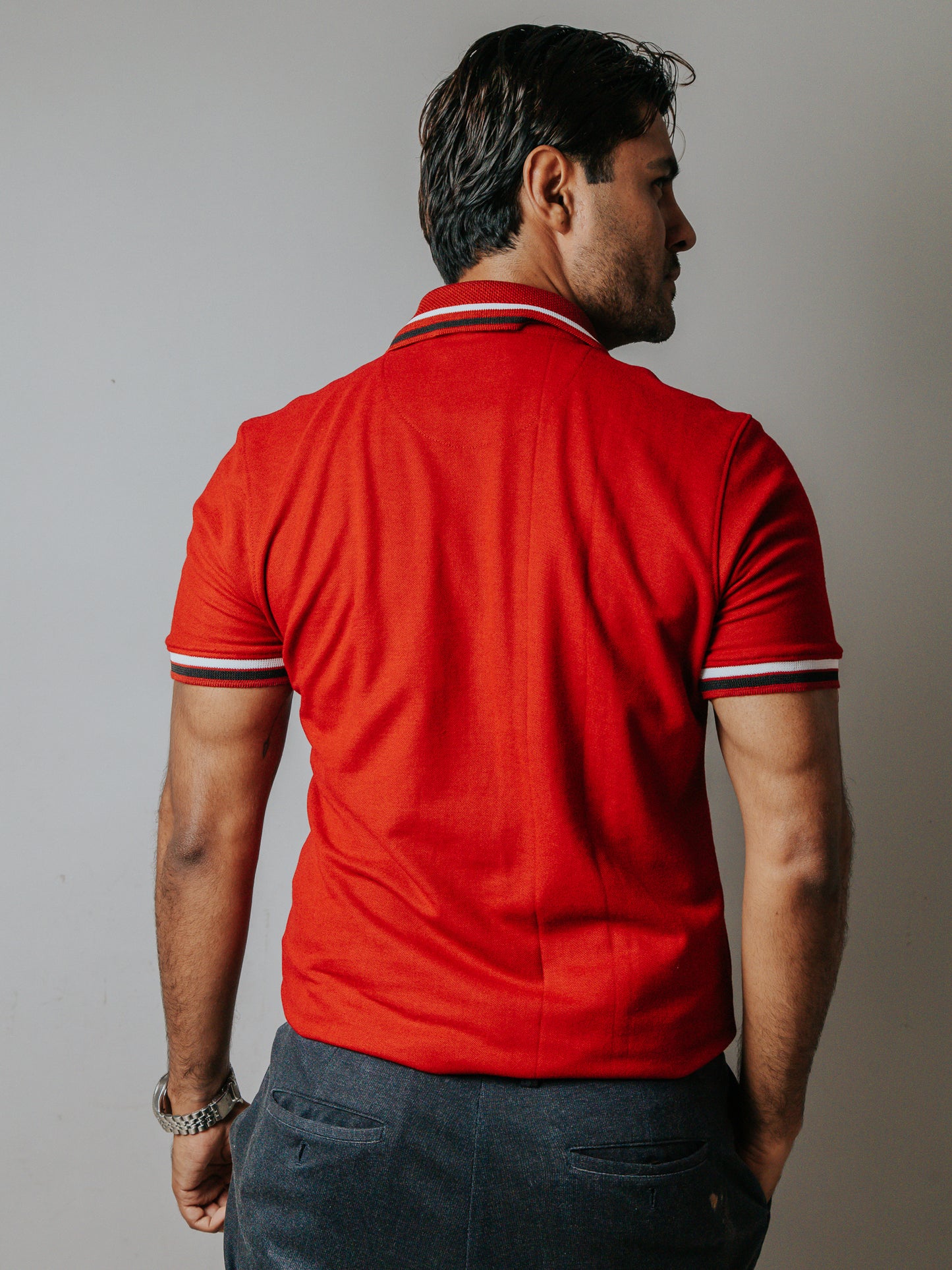 PLAYERA POLO SLIM FIT, ROJA DETALLE BLANCO Y AZUL MARINO