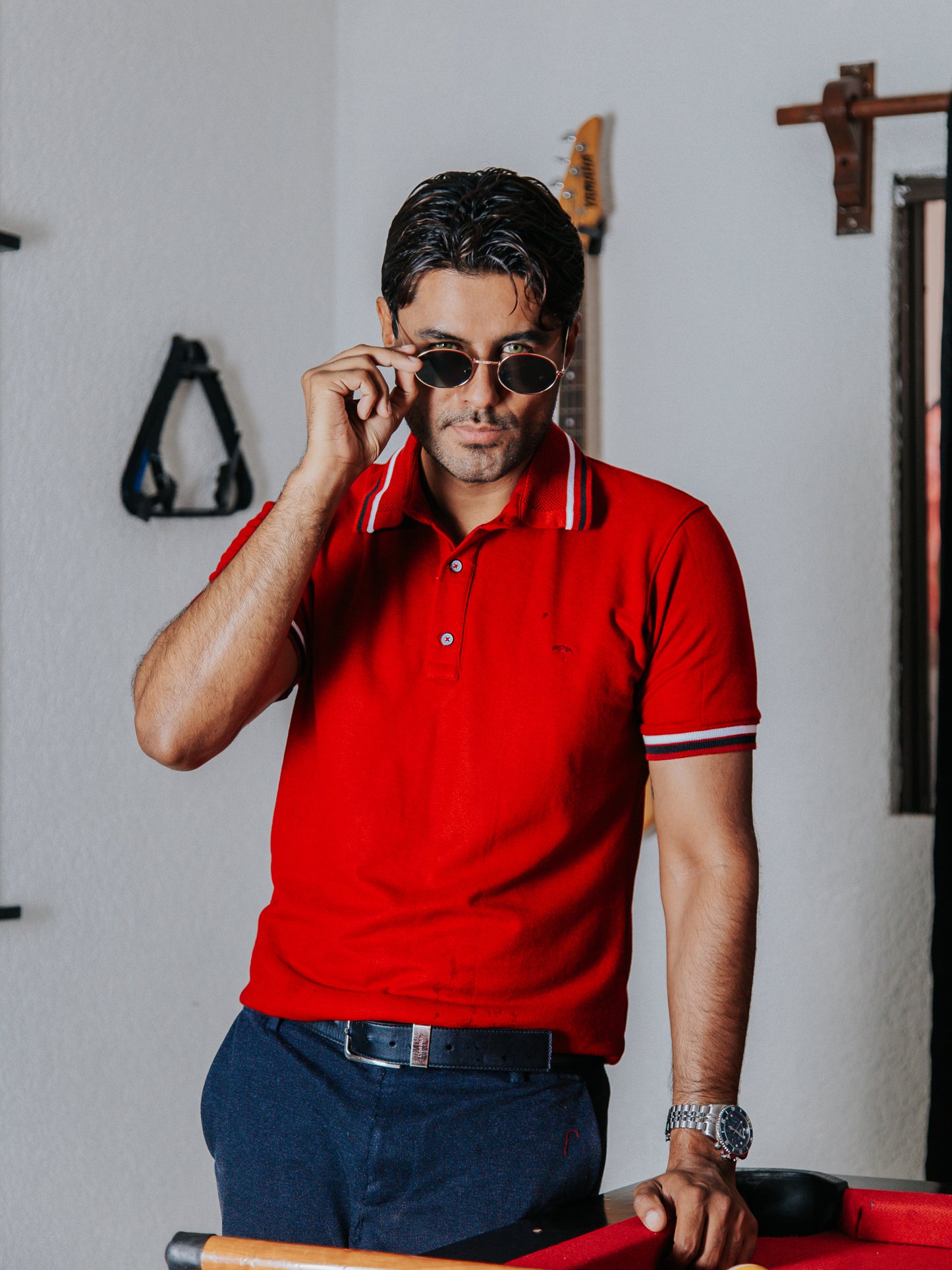 PLAYERA POLO SLIM FIT, ROJA DETALLE BLANCO Y AZUL MARINO