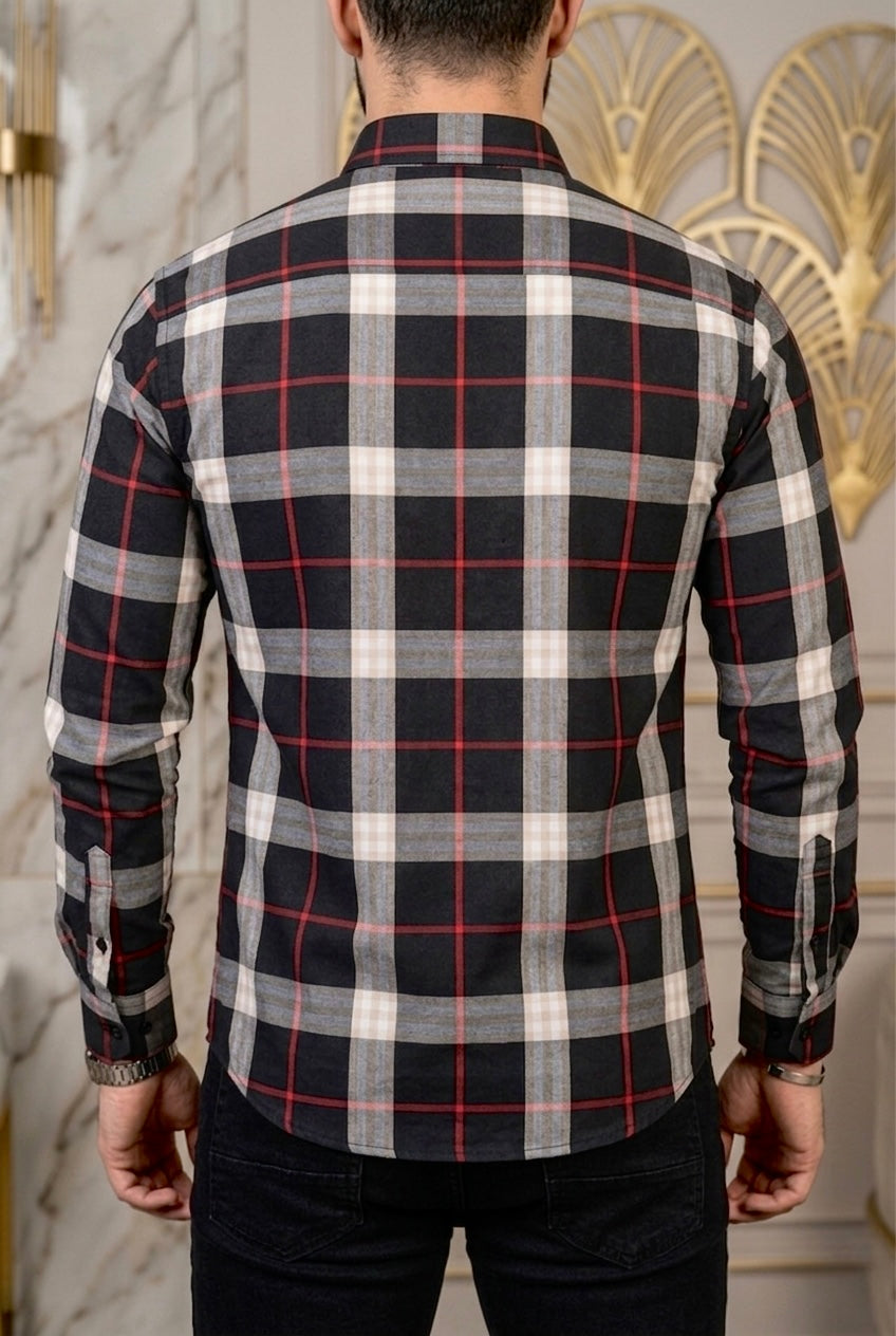 Camisa Manga Larga Negra Cuadros Beige