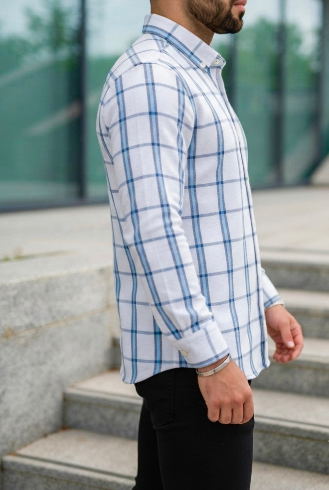 Camisa Manga Larga Blanca, Rayas Azules