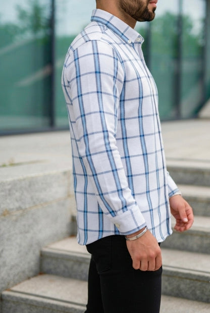 Camisa Manga Larga Blanca, Rayas Azules